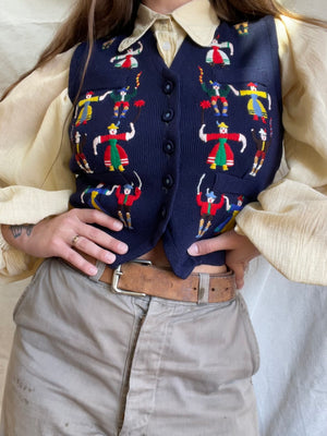 1940s 'Balmoral' Sottish Novelty Figural Embroidered Wool Knit Vest