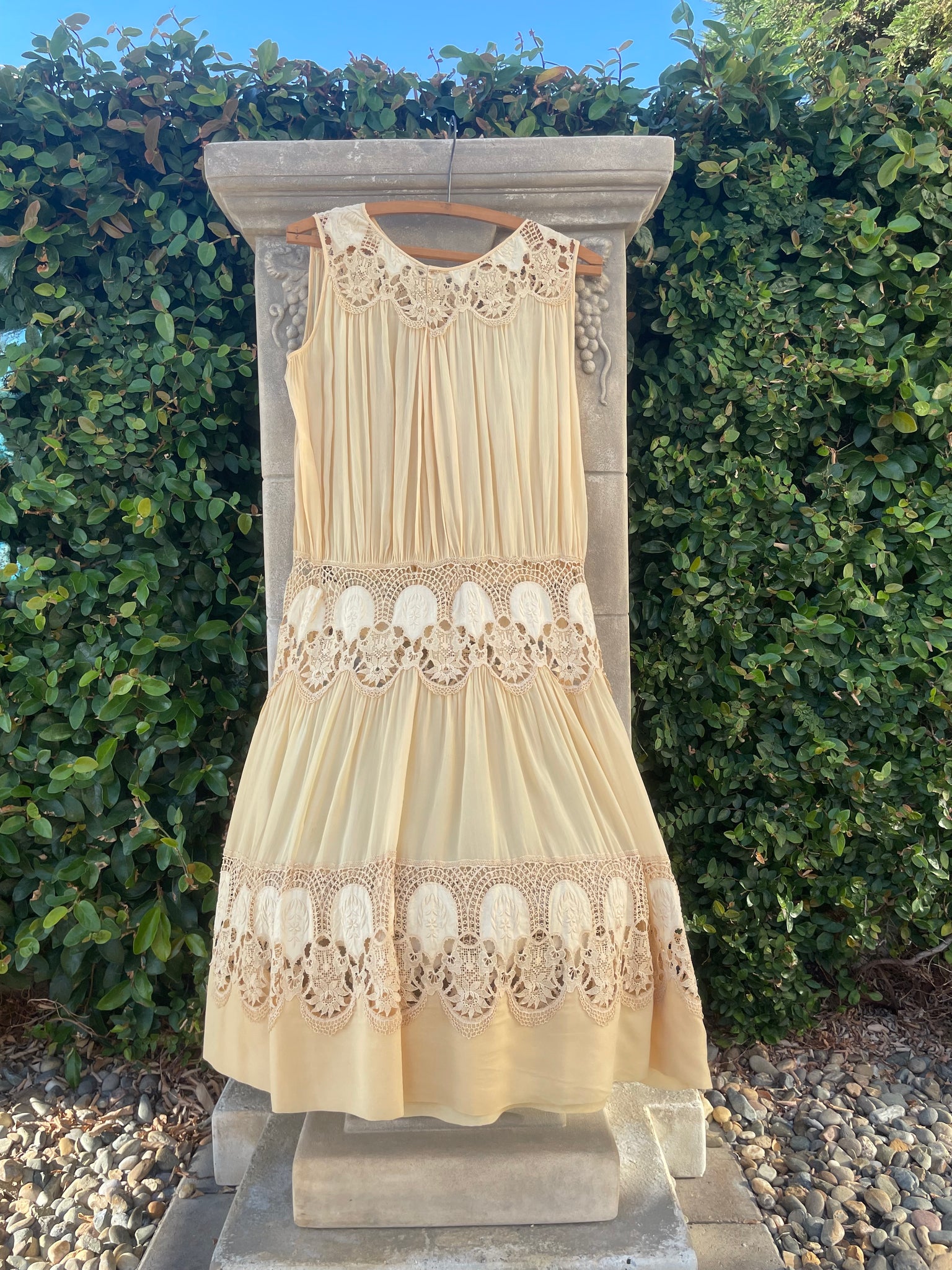 1920s Tasseled Drop Waist Scalloped Lace Work Ecru Crepe Chiffon Dress