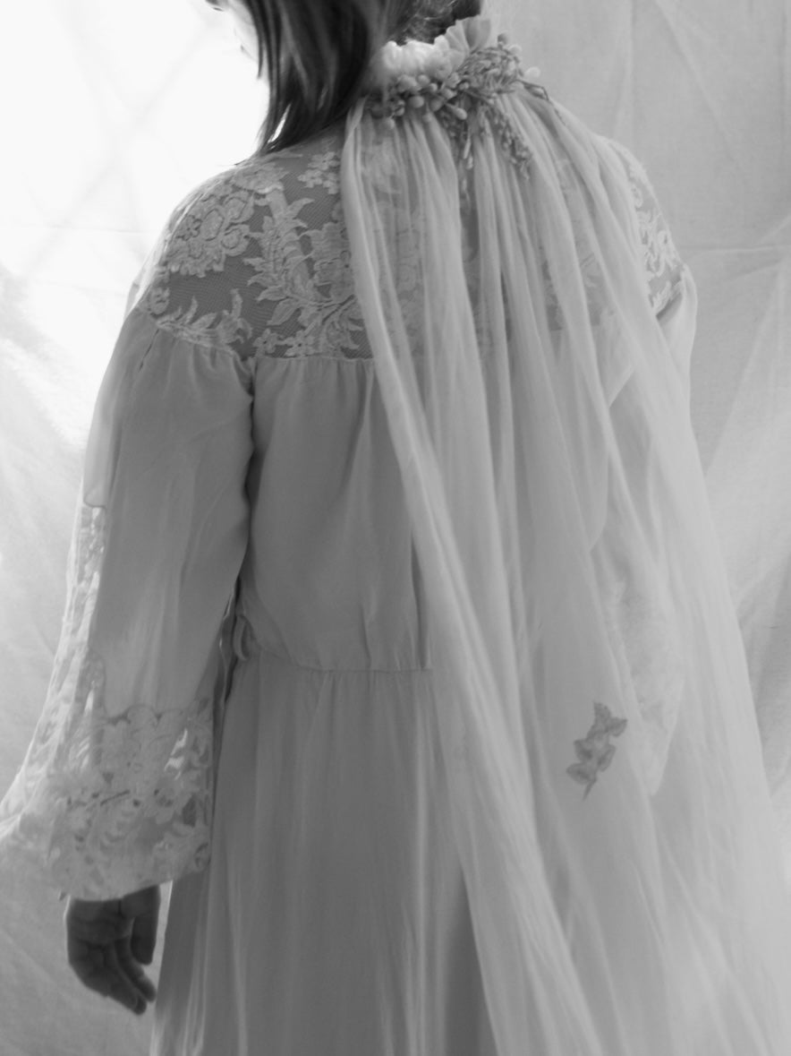 Antique Edwardian Wax Flower Crown Chiffon Applique Bridal Veil