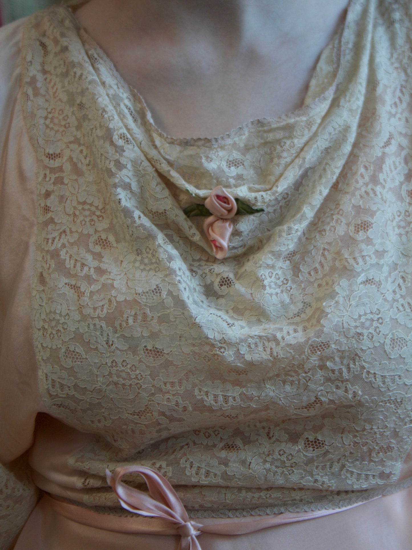 Antique Soft Pink Silk & Lace Ribbonwork Tie Waist Capelet Blouse