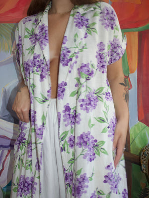 RESERVED 1930s Grape Printed Linen Open Front Duster