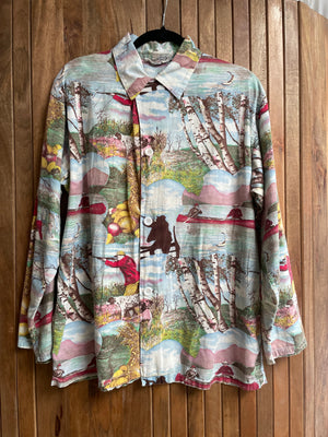 Rare 1950s Hunting Photoprint Cotton Lounge Shirt