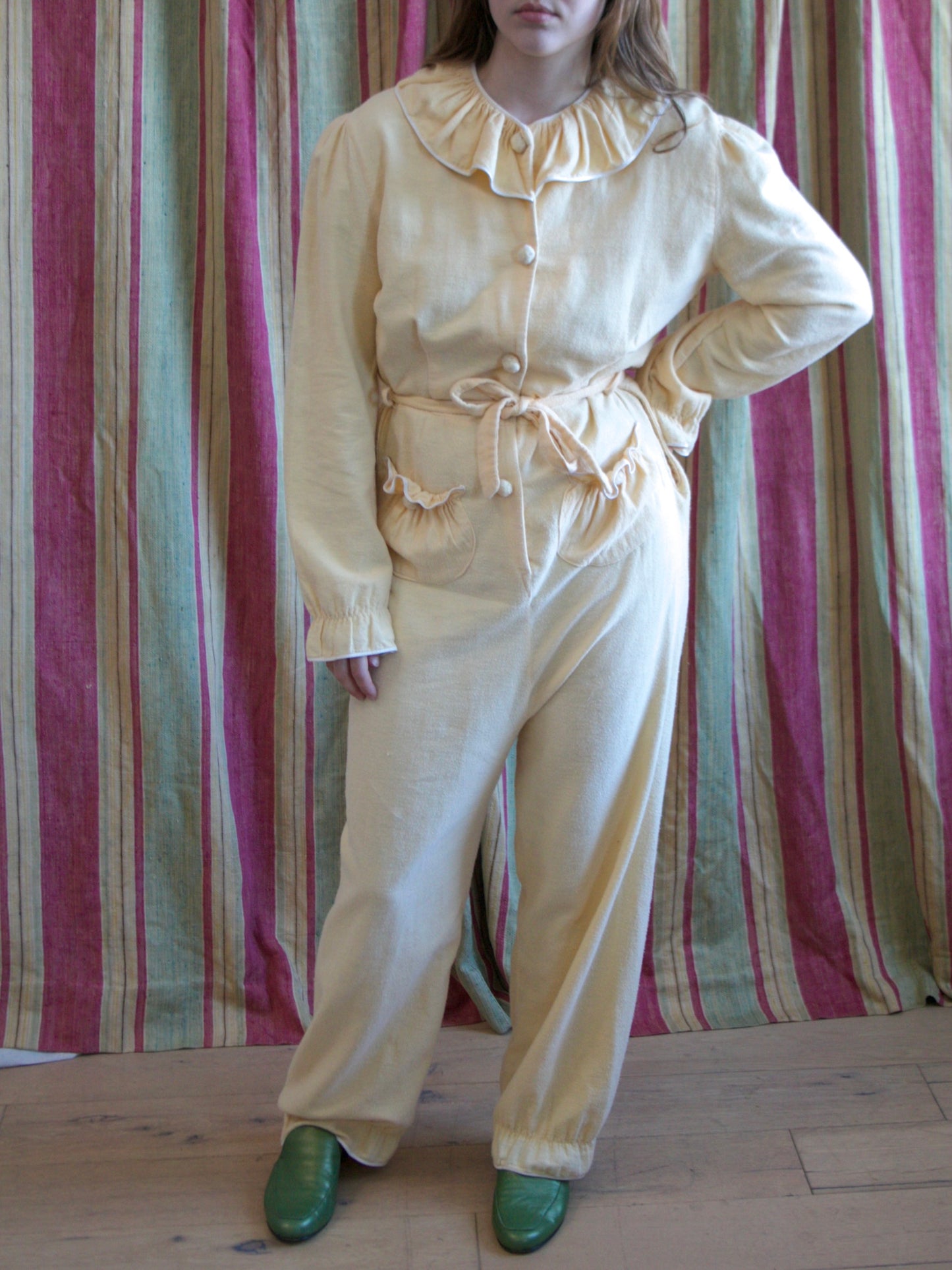 1940s Butter Yellow Soft Flannel Ruffle Trim Lounge Jumpsuit
