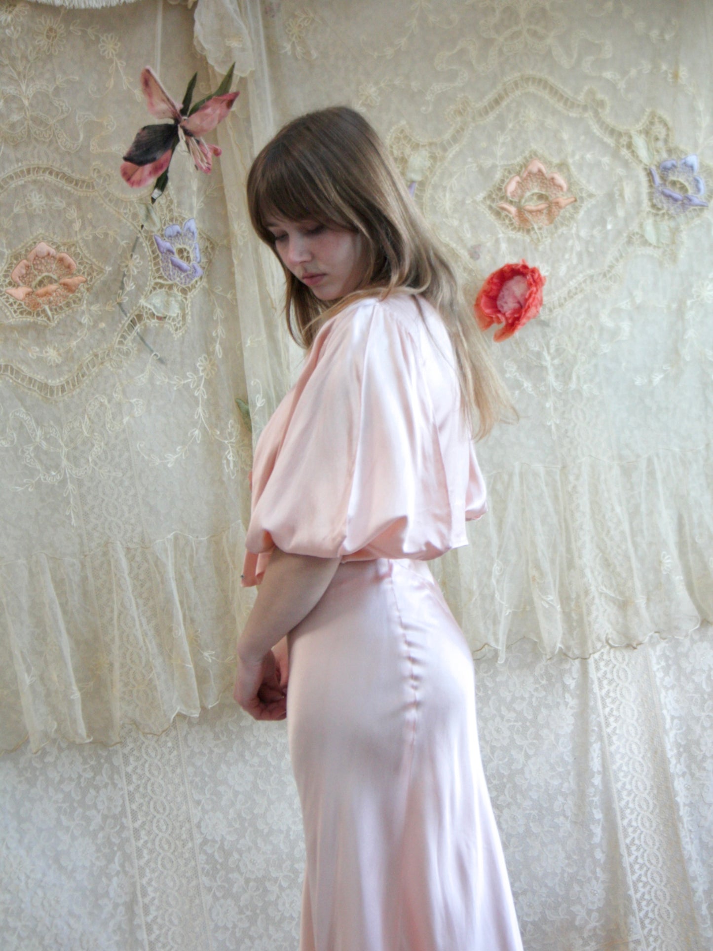 1930s Sculptural 2 Piece Bias Cut Satin Dress Set