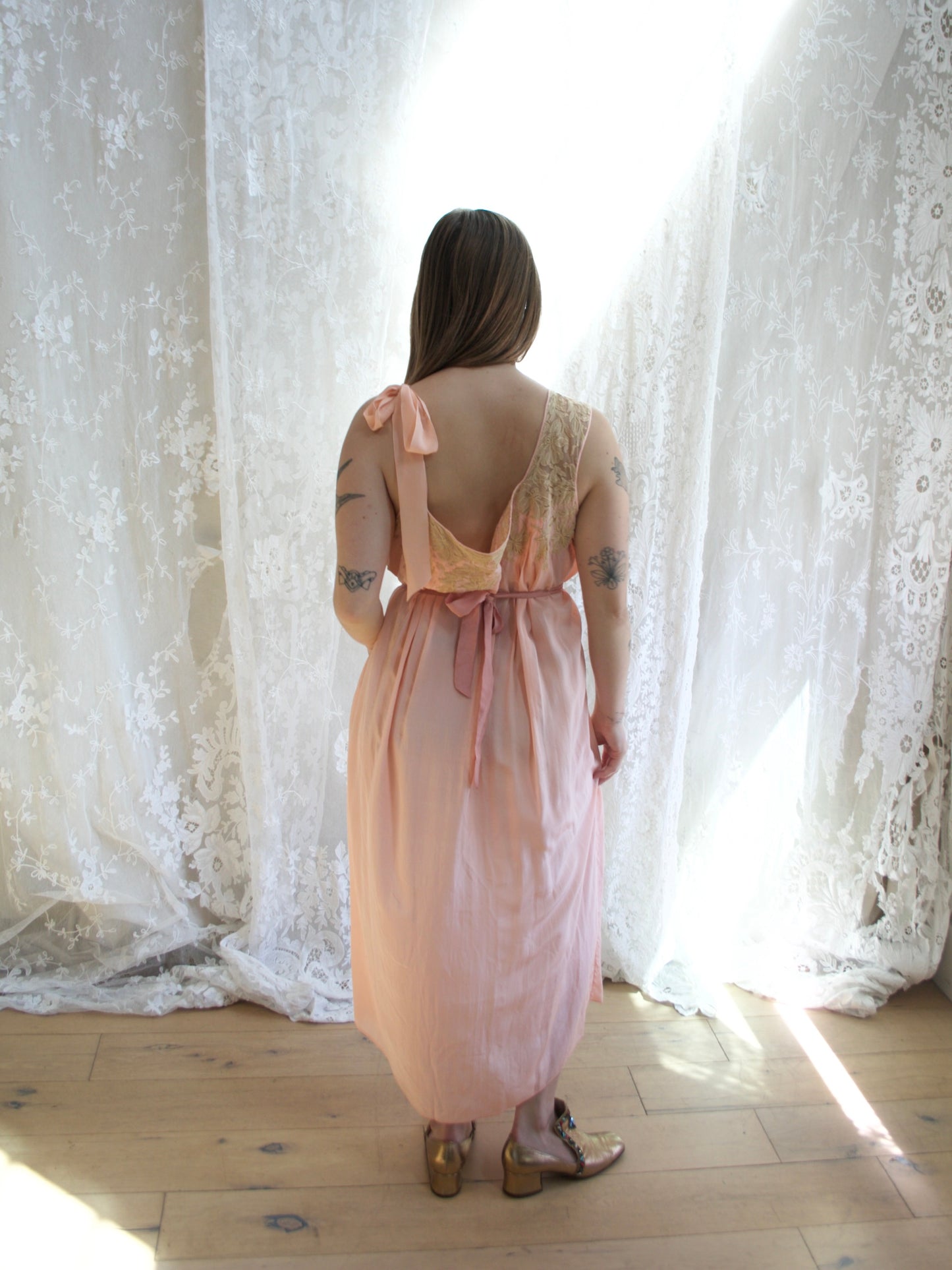 Antique 1920s Inset Ecru Lace Silk Asymmetrical Tie Shoulder Lingerie Gown