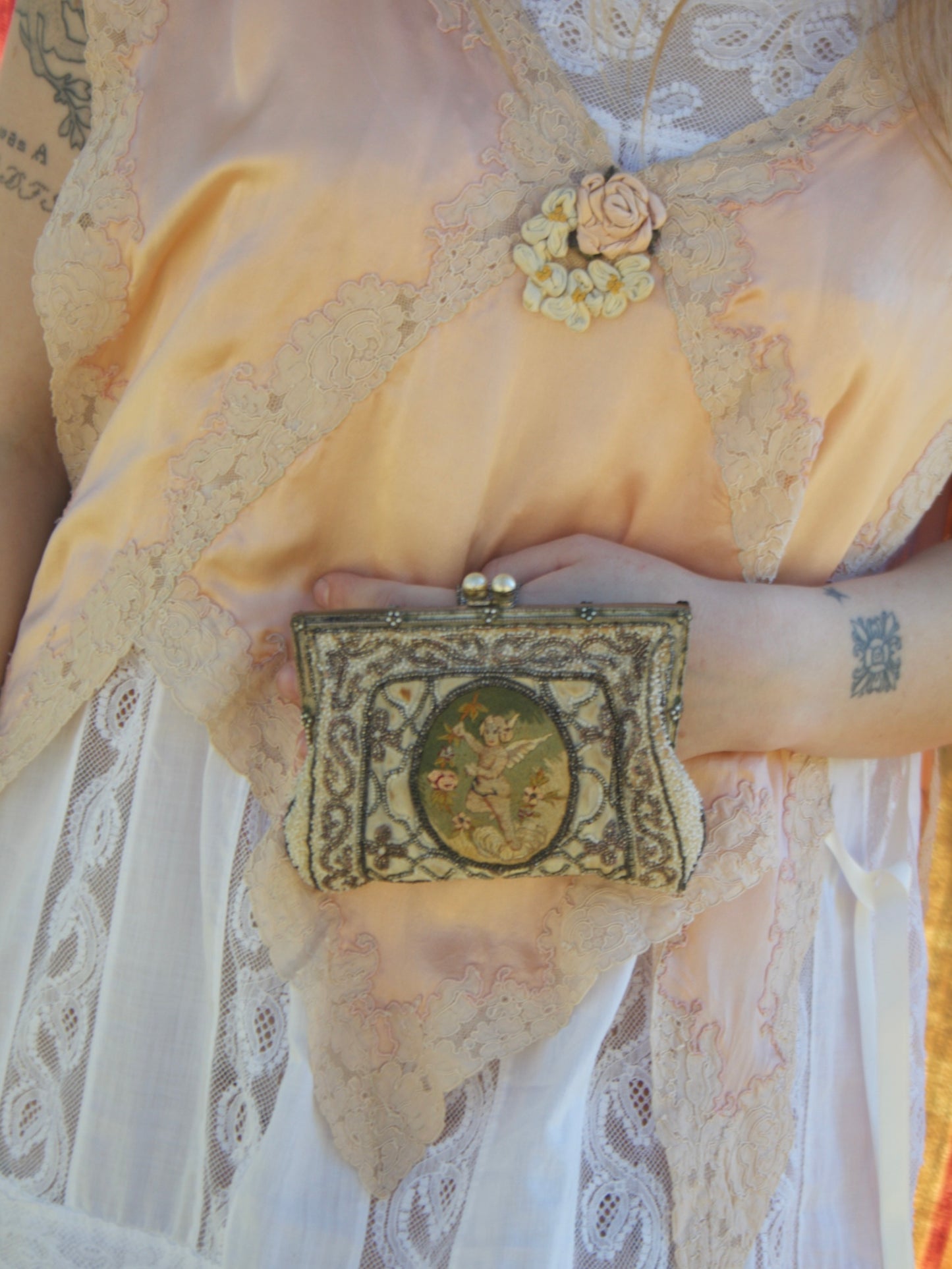 Antique Edwardian Novelty Micro Beaded Cherub Purse W* Strap