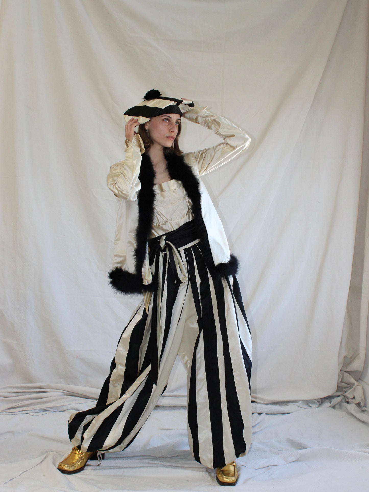 One Of A Kind Antique 1910s B&W Satin 4 Piece Mardi Gras Harem Pant Jumpsuit Ensemble
