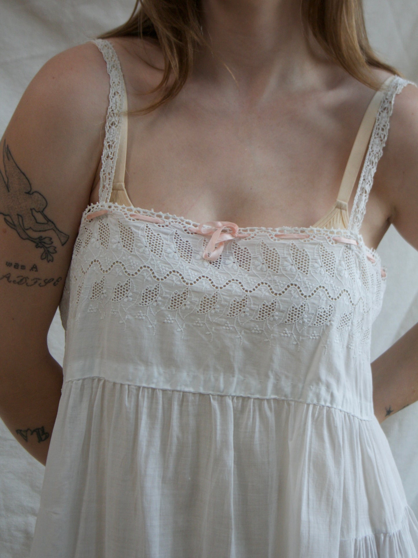 Antique Broderie Anglaise Silk Ribbon Tie Cotton Chemise