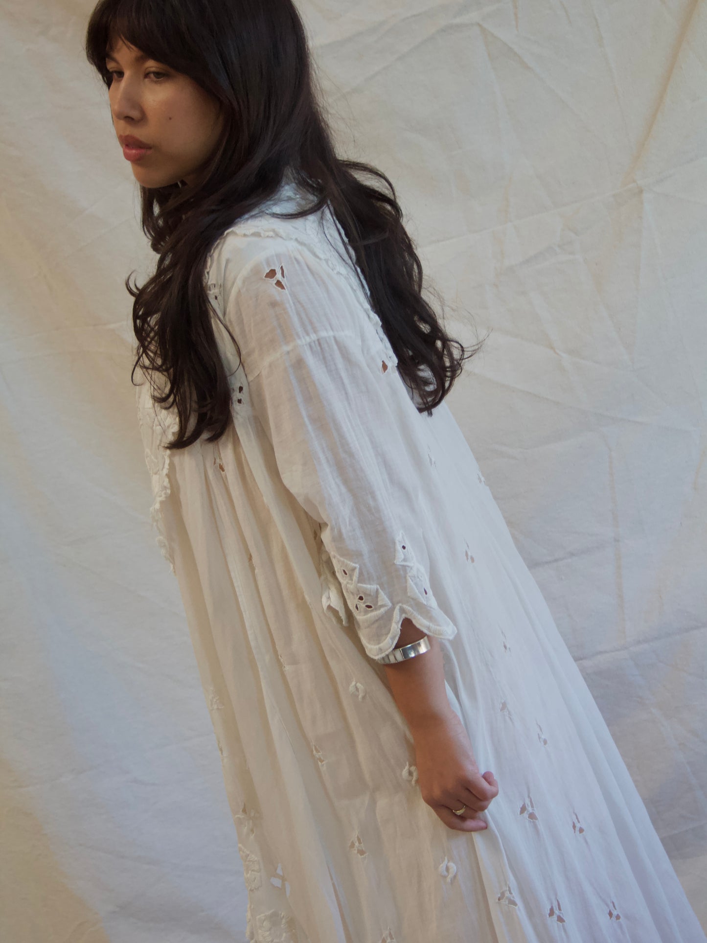 Antique Edwardian Hand Sewn Eyelet Cotton Duster Robe