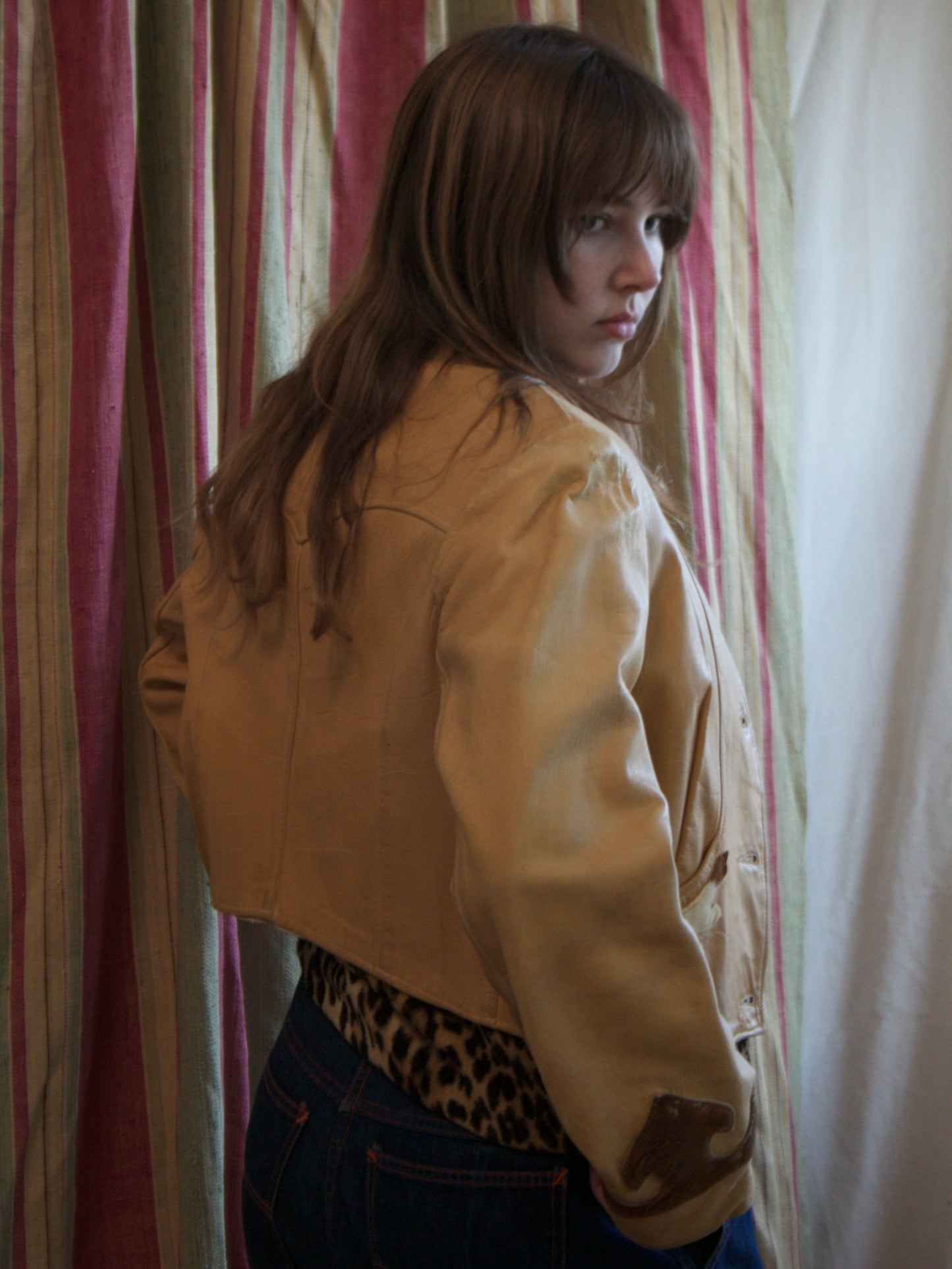 1940s Western Cognac Leather Pony Hair Yoke Jacket