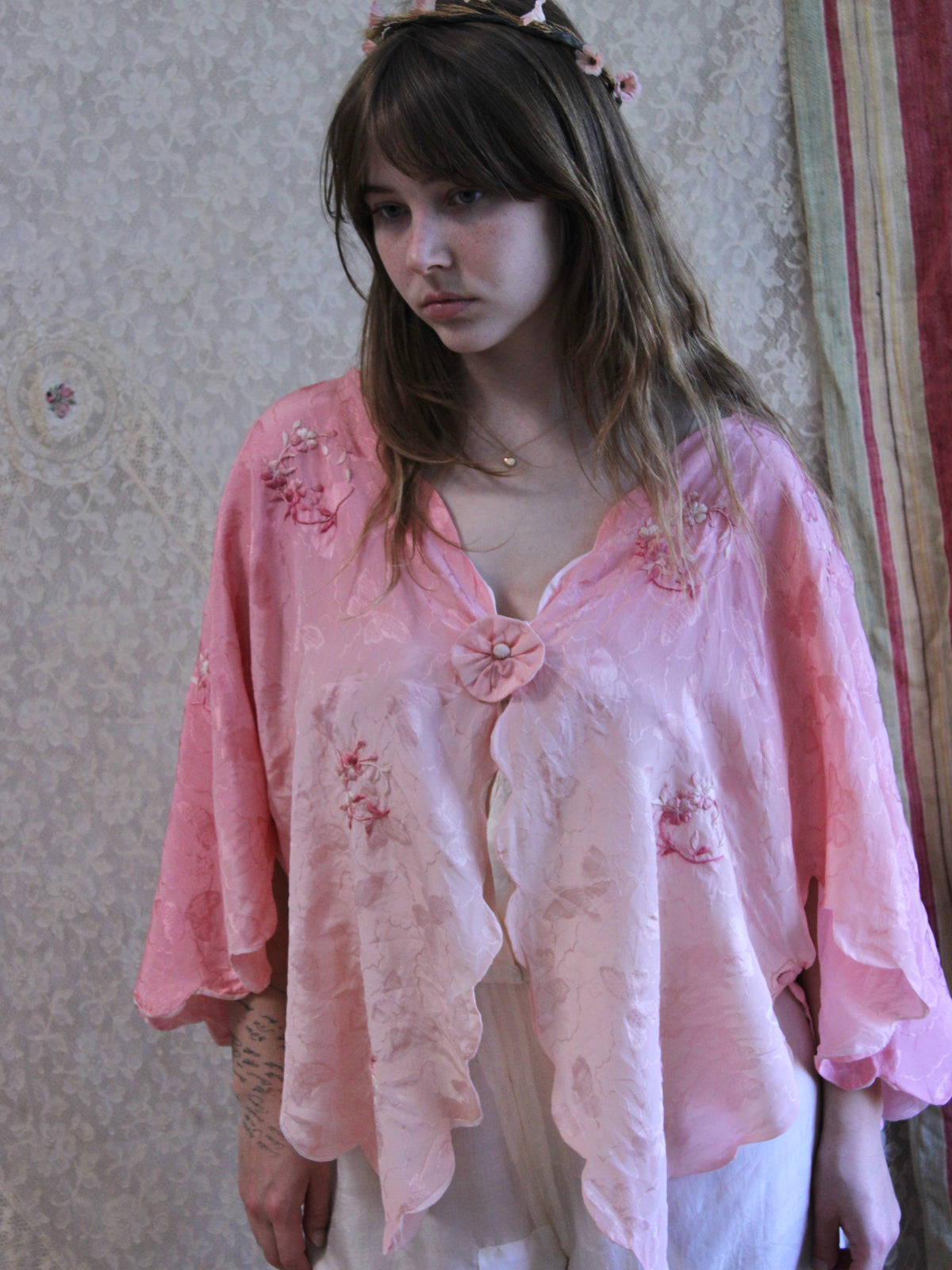 Antique 1920s Ombré Butterfly Jacquard Silk Embroidered Scalloped Lingerie Jacket