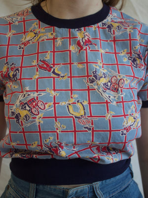 1950s Jim Penney Cowboy Print Cotton Cropped Blouse