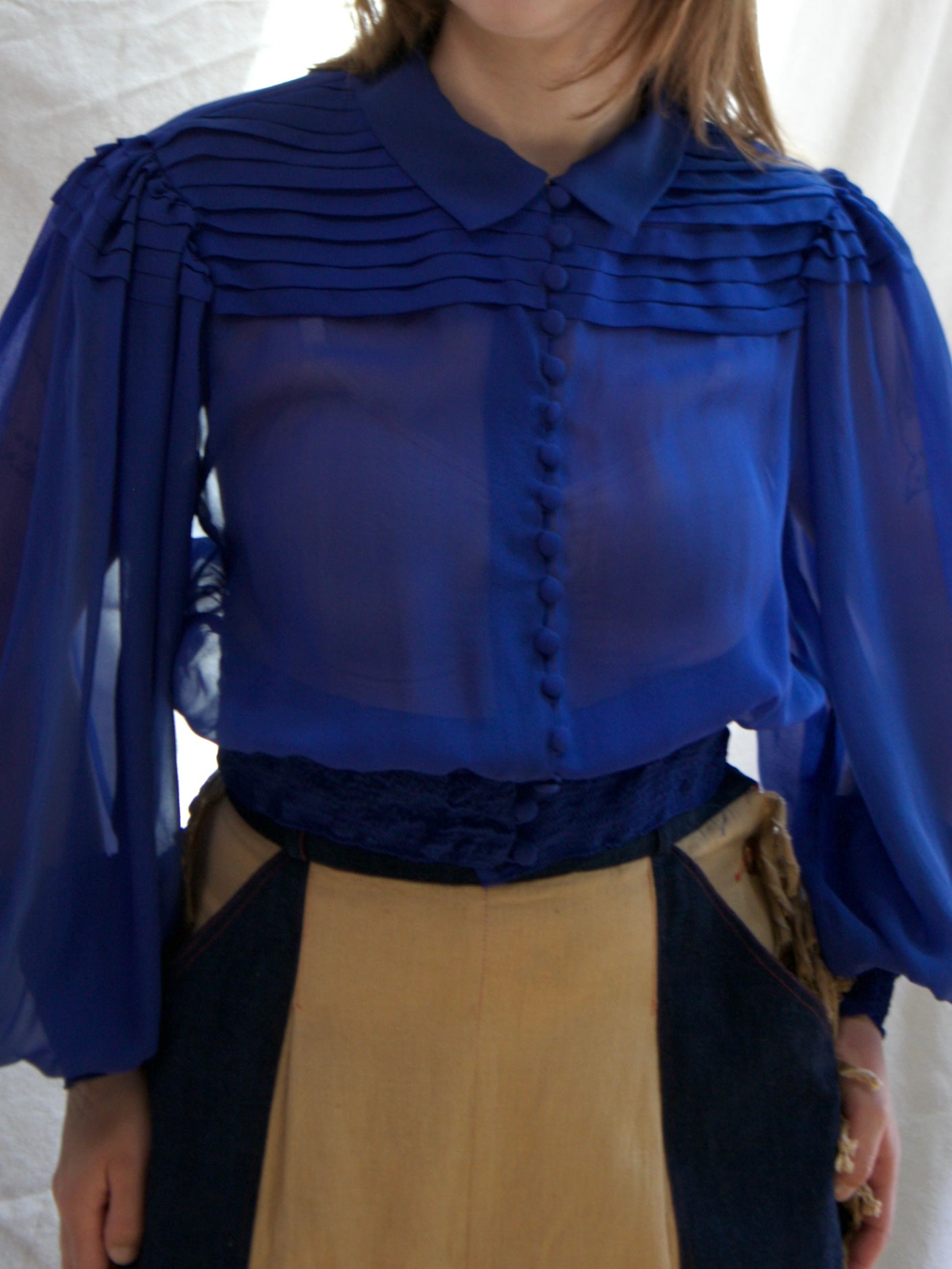 1930s Cobalt Chiffon Bishop Sleeve Smocked Blouse