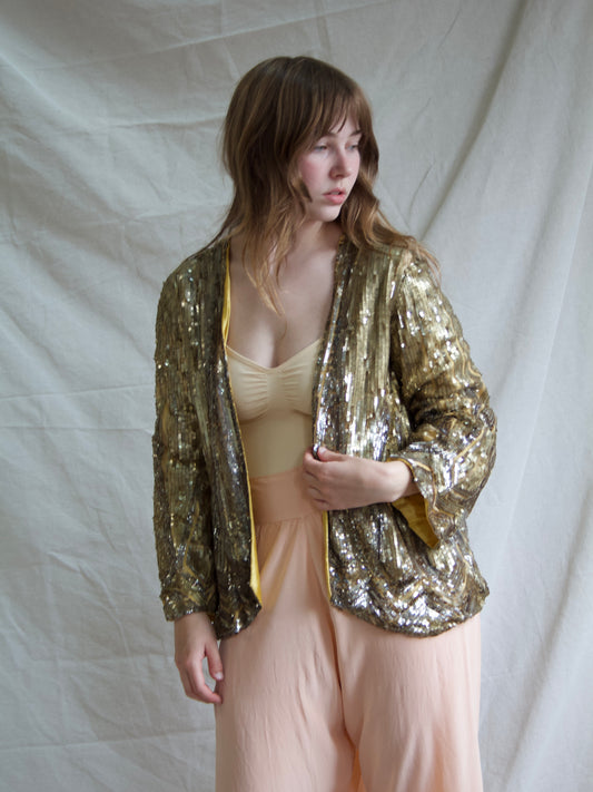 Rare Art Deco French 1930s Hand Embellished Sequin Bell Sleeve Jacket