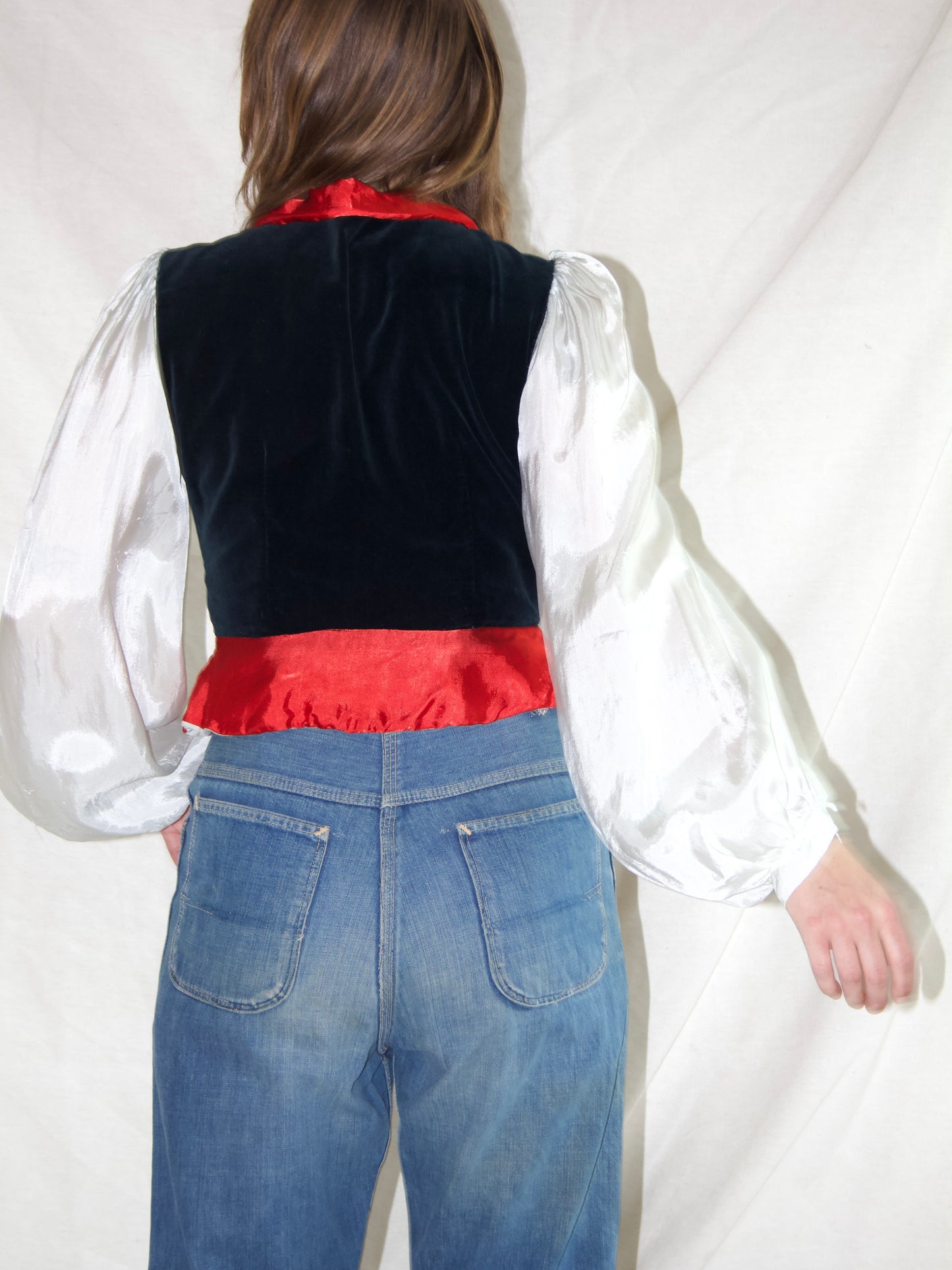 1930s Rayon & Velveteen Hand Embroidered Jester Bishop Sleeve Blouse