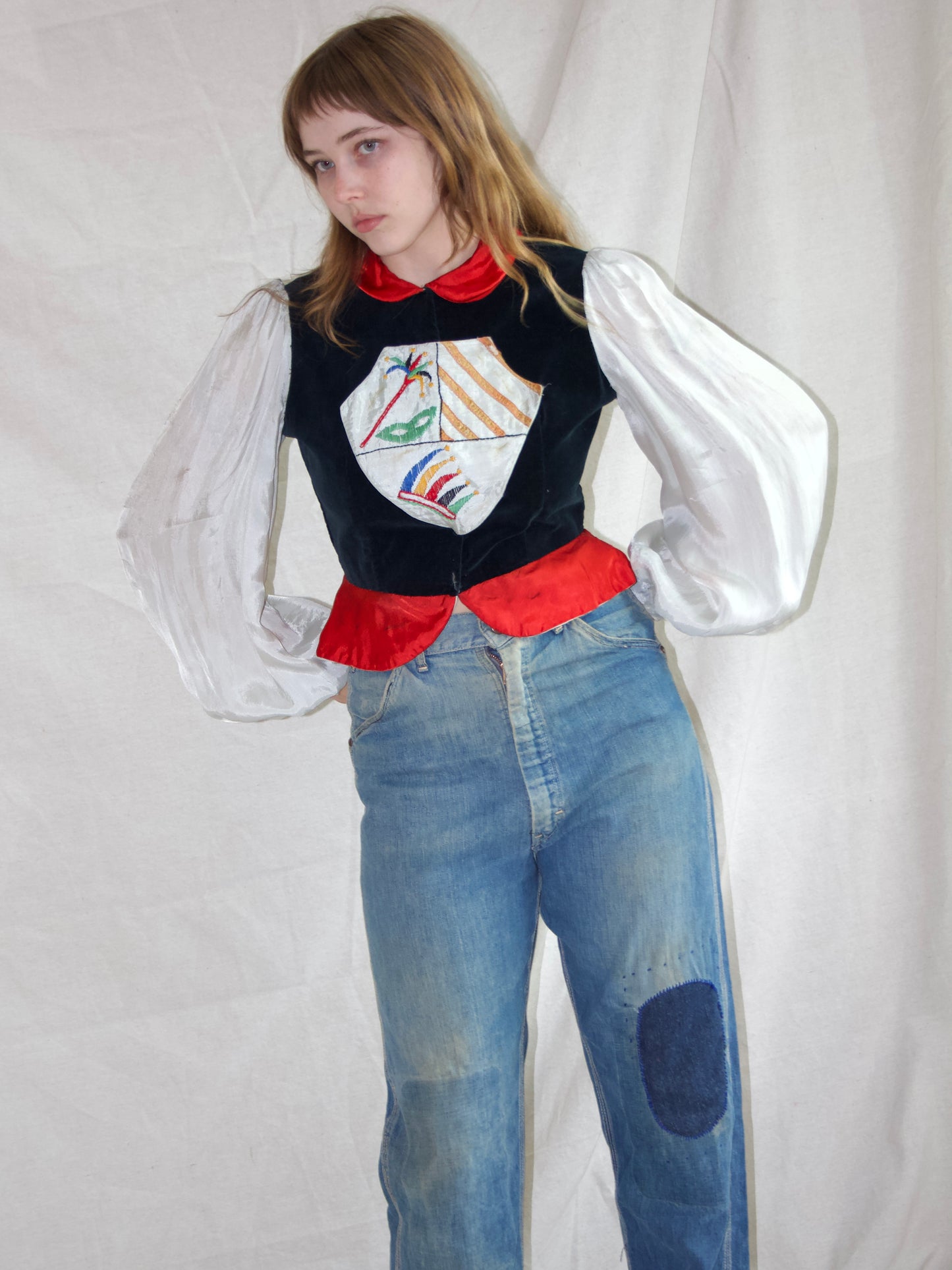 1930s Rayon & Velveteen Hand Embroidered Jester Bishop Sleeve Blouse
