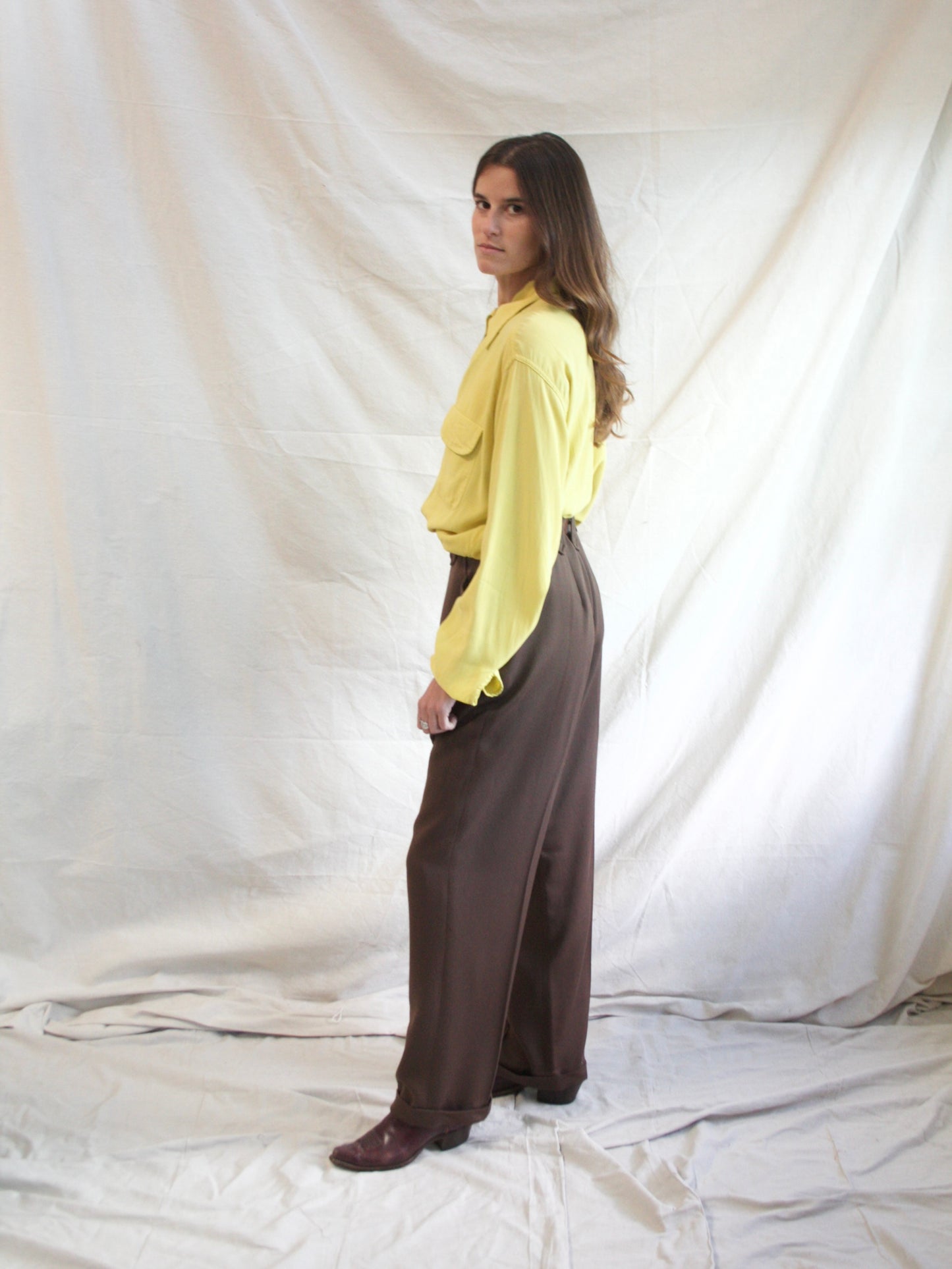 1950s Smooth Chocolate Brown Gabardine Western Side Zip Pants