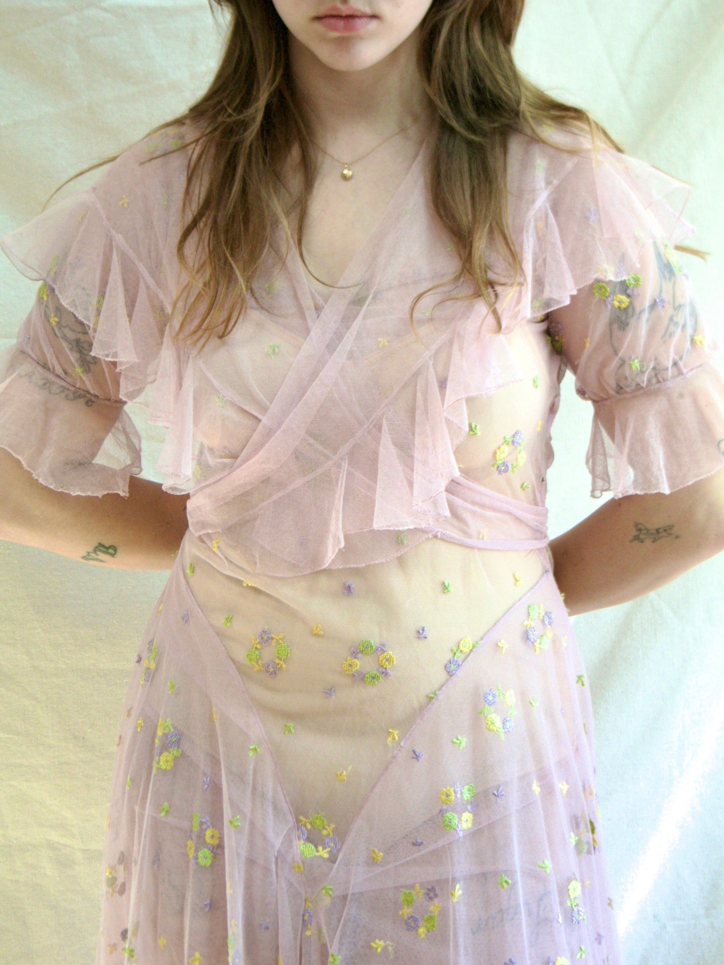 1930s Deco Springtime Embroidered Lavender Tiered Net Dress