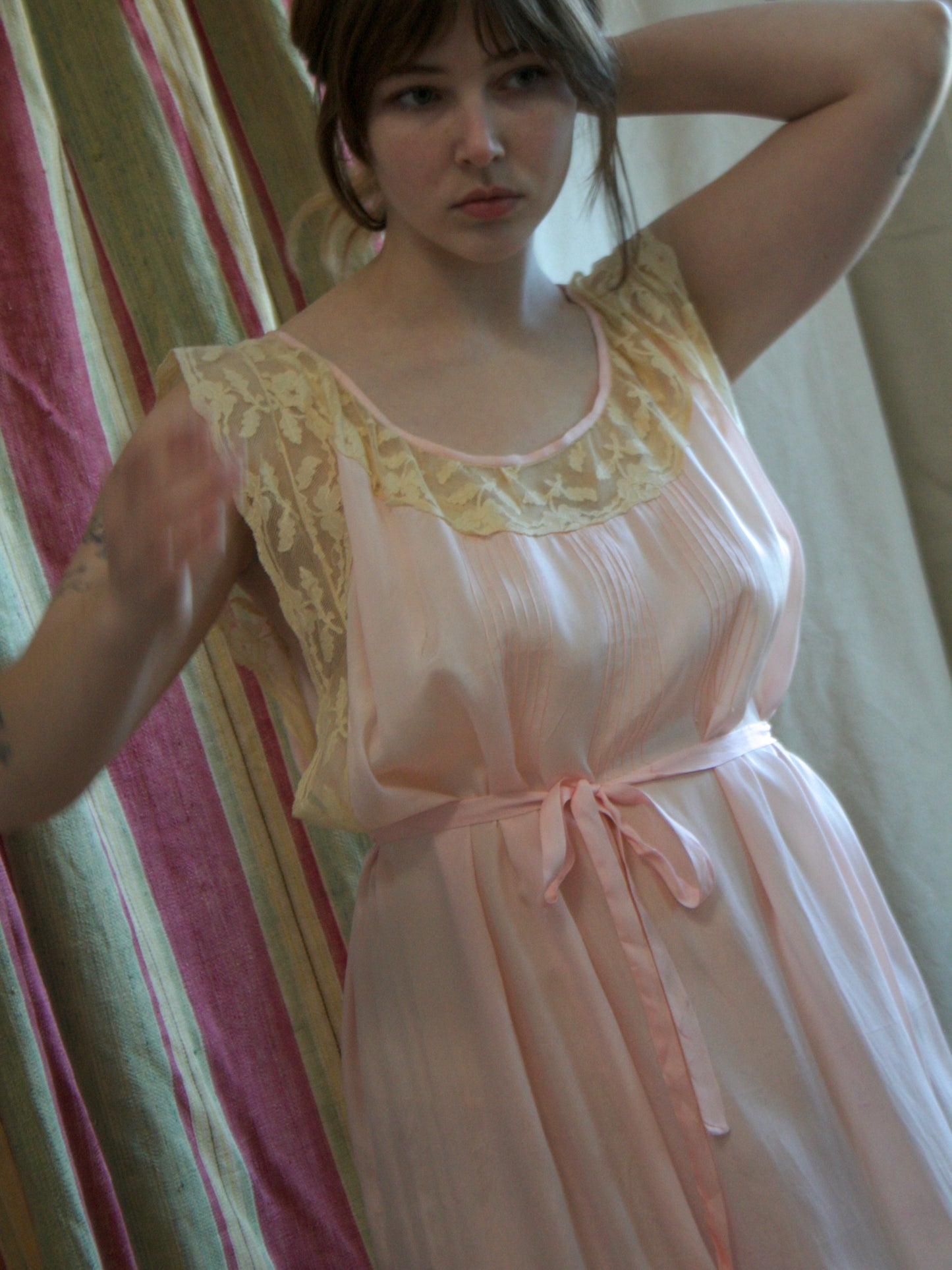 Antique 1920s Pale Pink Pin-tuck Silk Ecru Lace Slip Dress