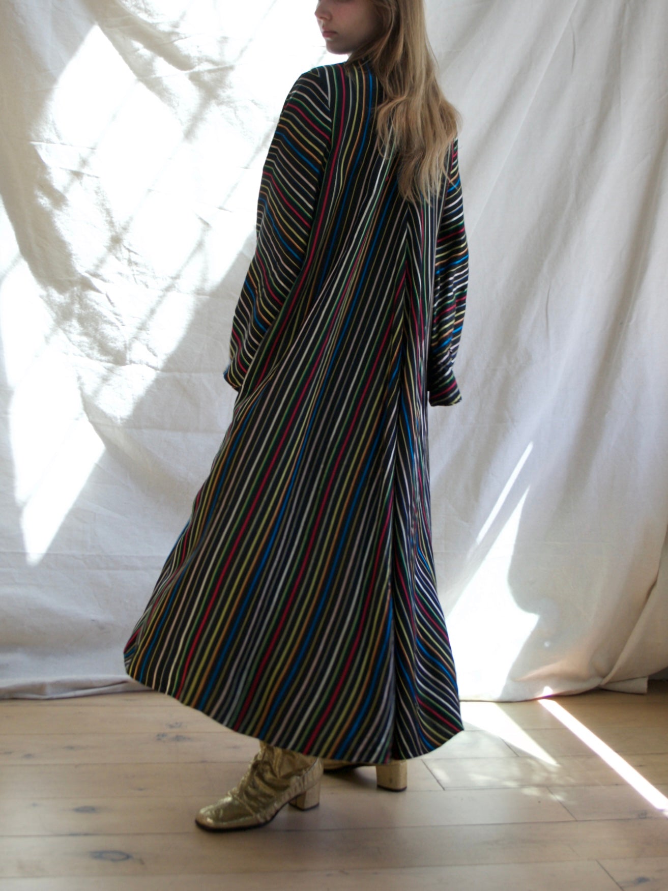 1950s Chevron Rainbow Stripe Rayon Taffeta Swing Coat Tent Dress