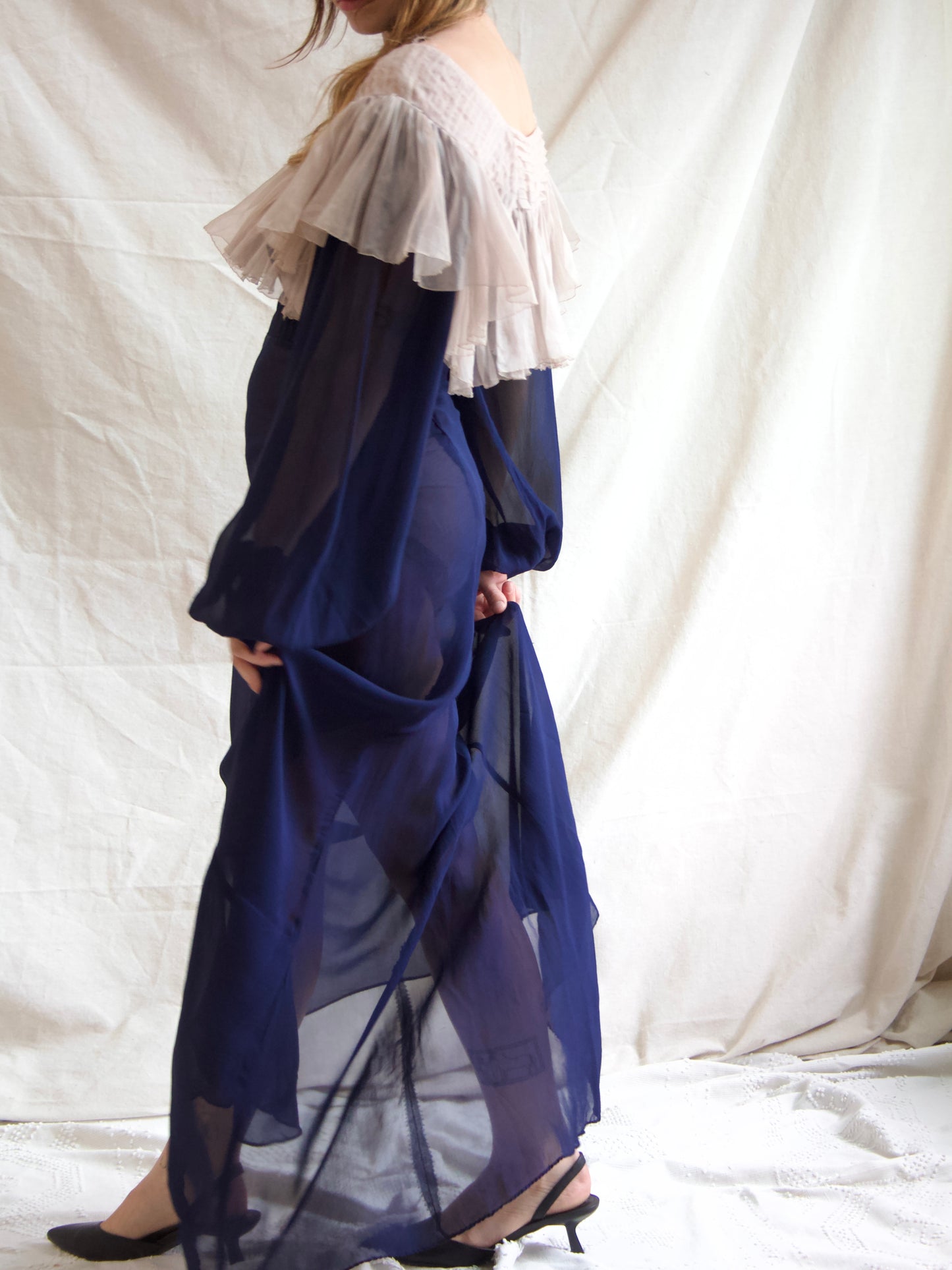 1930s Neckline Flounce Deep Navy Chiffon Bias Cut Bishop Sleeve Gown