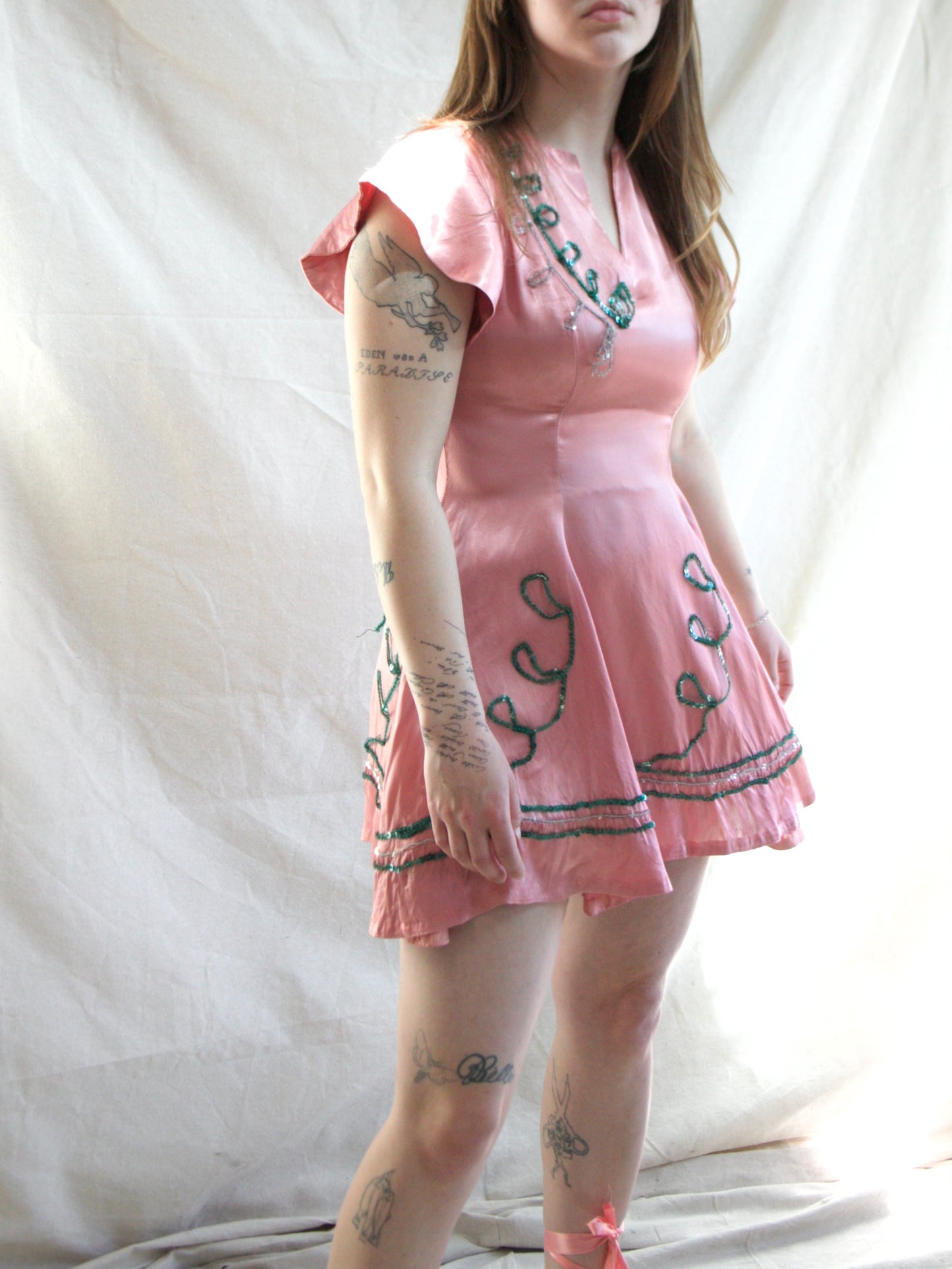 Custom Made 1950s Embellished Silk Satin Skater Style 2 PC Dress Set