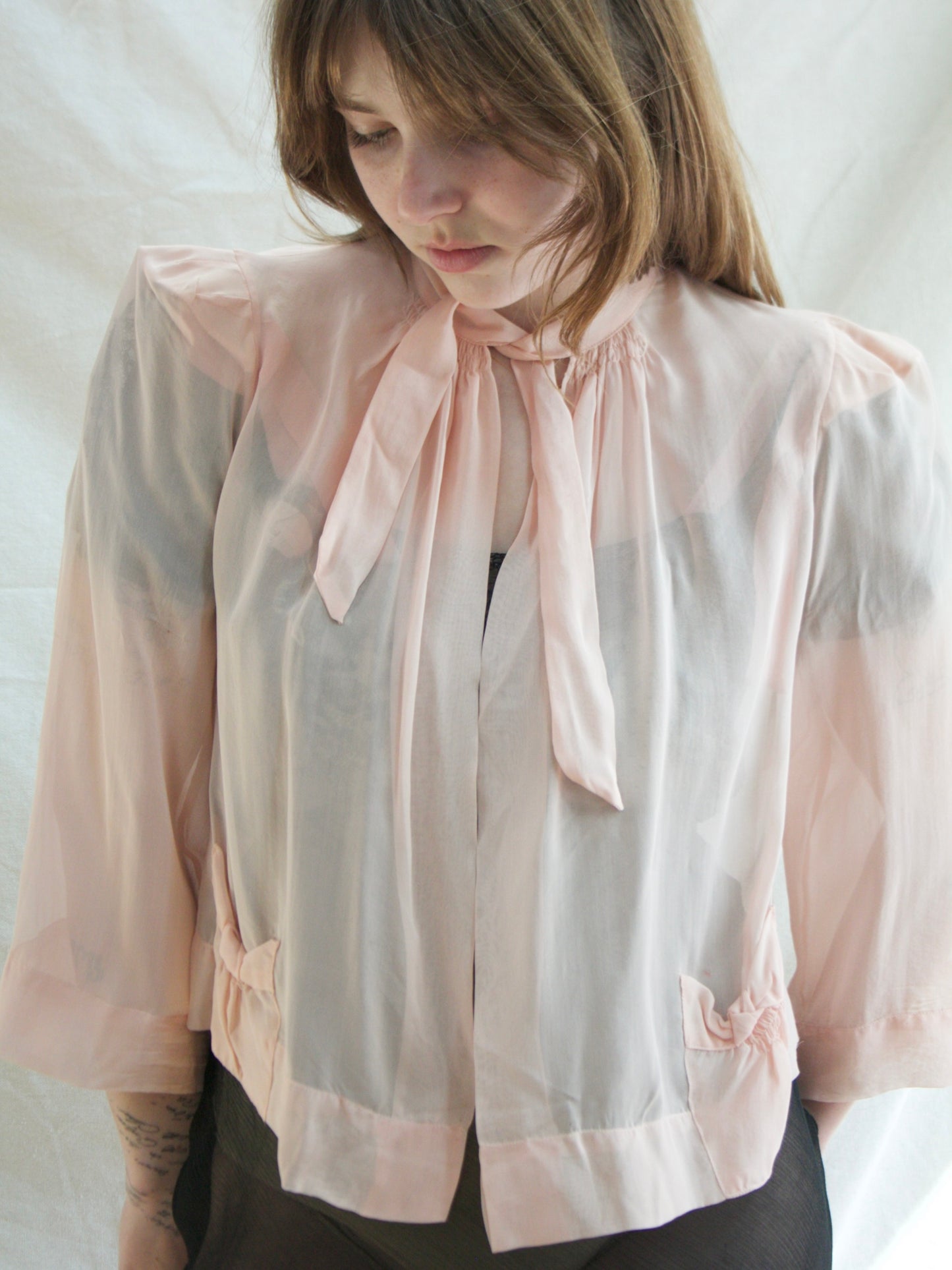 1930s Pale Pink Chiffon Peaked Shoulders Over Jacket