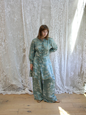 1930s Cornflower Blue Silk Jacquard 2 PC Palazzo Pant Tunic Set