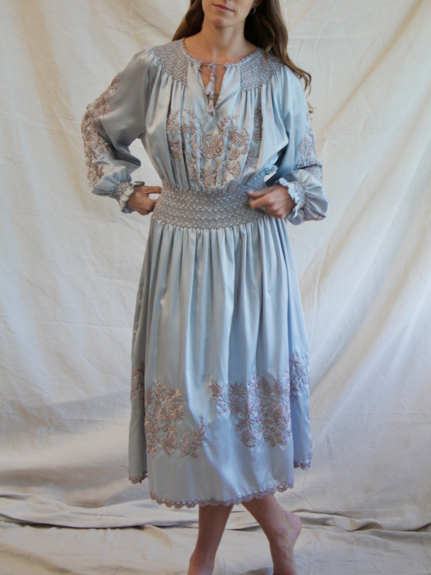 Vintage Icey Blue Silk Satin Hungarian Embroidered Peasant Dress
