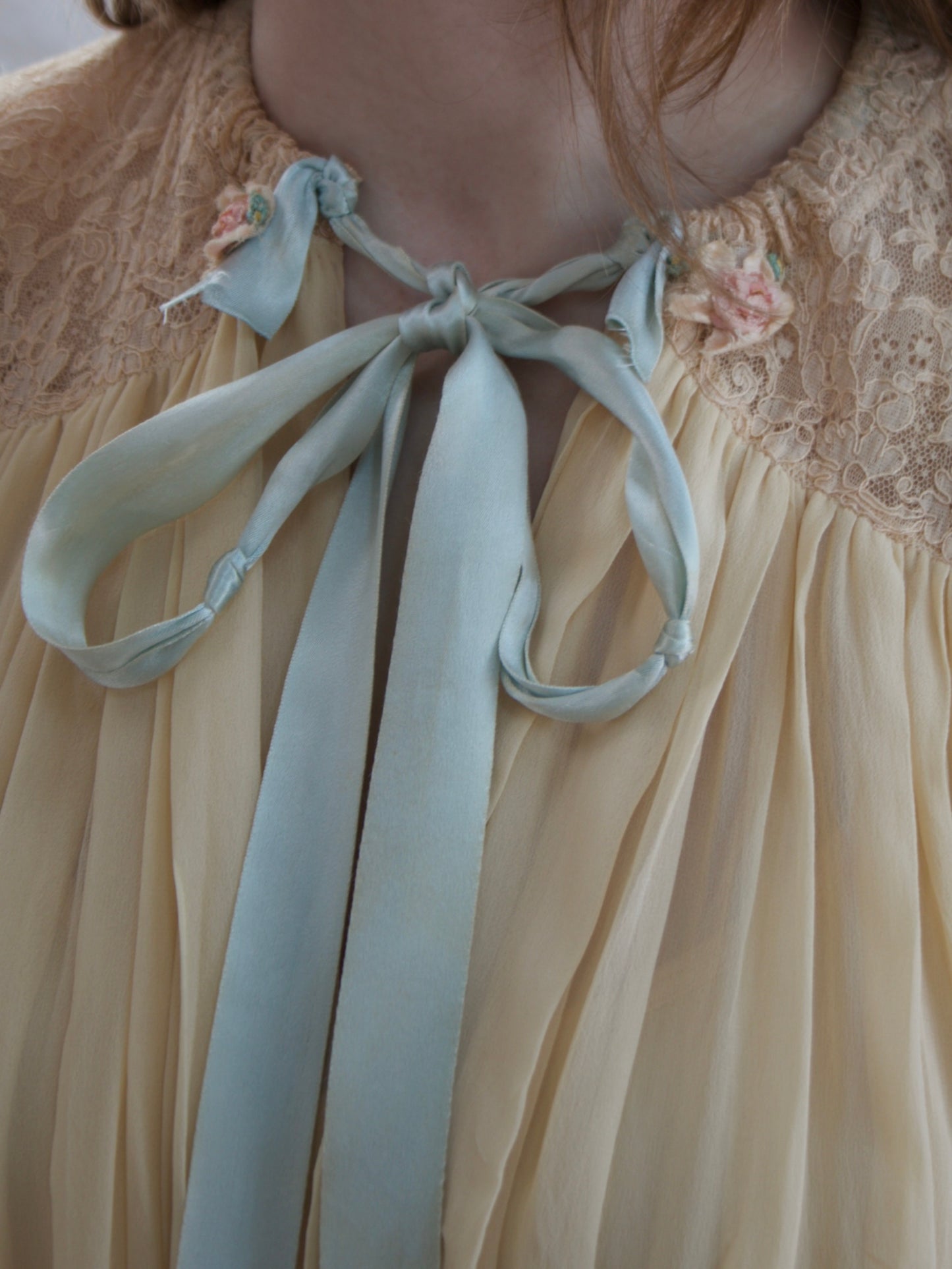 Rare 1947 Custom Hand Made Chiffon Lace Ribbonwork Peignoir