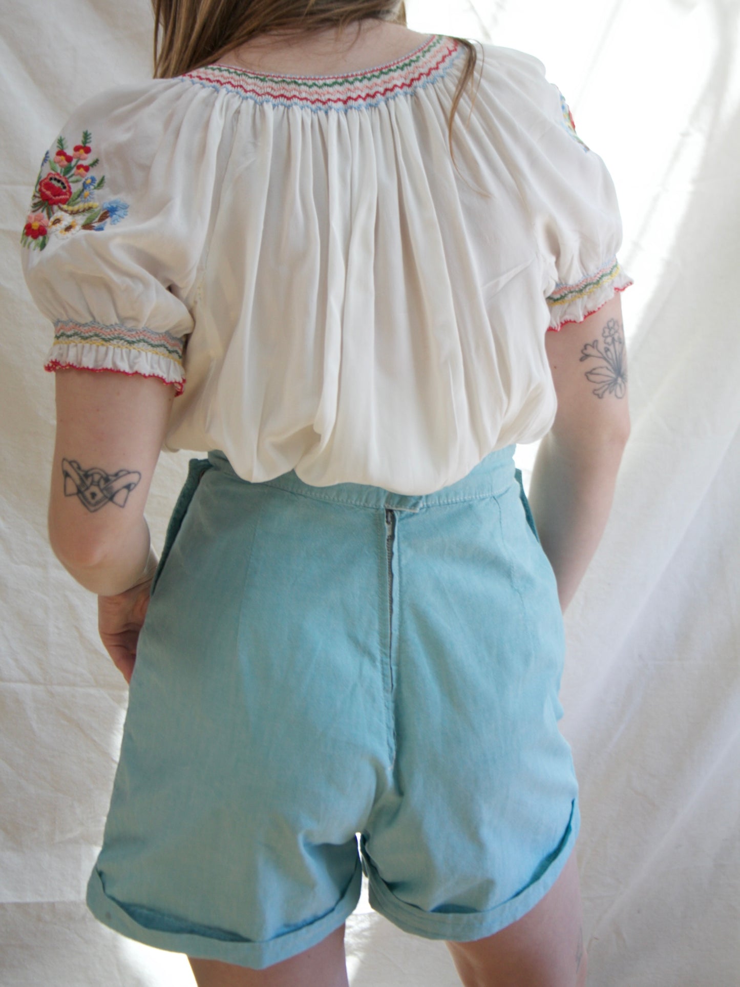 1930s Hand Embroidered Hungarian Silk Crepe Smocked Blouse