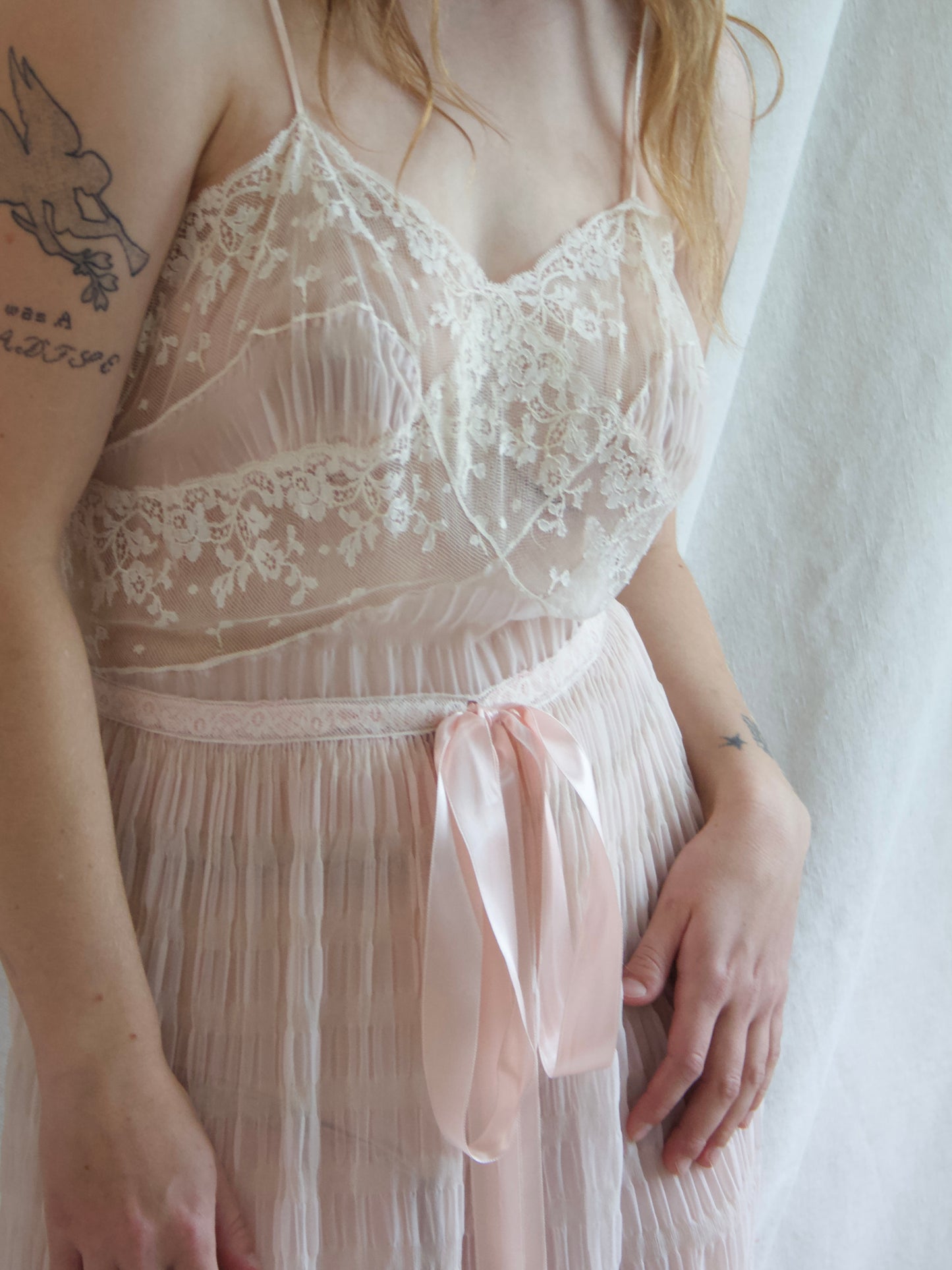 1940s I.Magnin Pale Pink Nylon & Lace Silk Satin Slip Dress