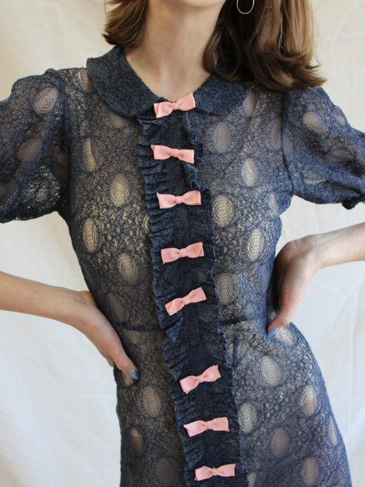 1930s Navy Blue Embroidered  Net Puff Sleeve Bow Trimmed  Dress