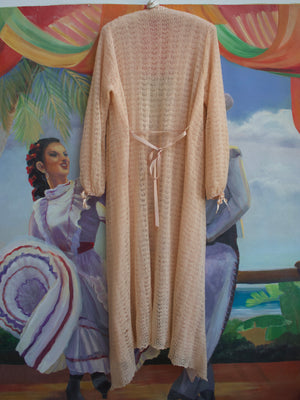 1920s Pale Peach Open Weave Knit & Chiffon Floor Length Wrap Dressing Gown