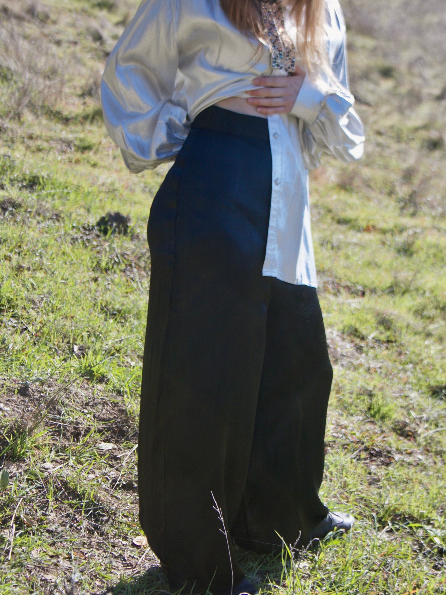 1940s Noir Slippery Silk Satin Wide Leg Pants