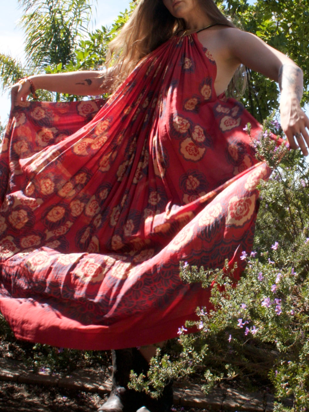 Antique Turkey Red Woven Silk Floral Print Drawstring Dress