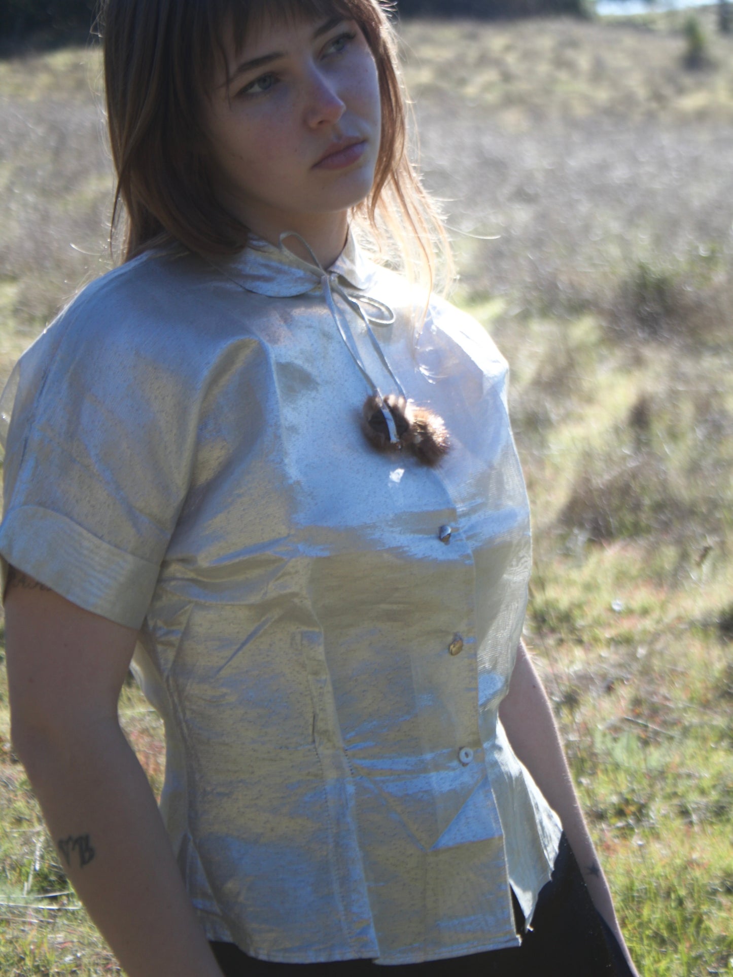 1950s Deadstock Silver Lamé Fur Trim Blouse