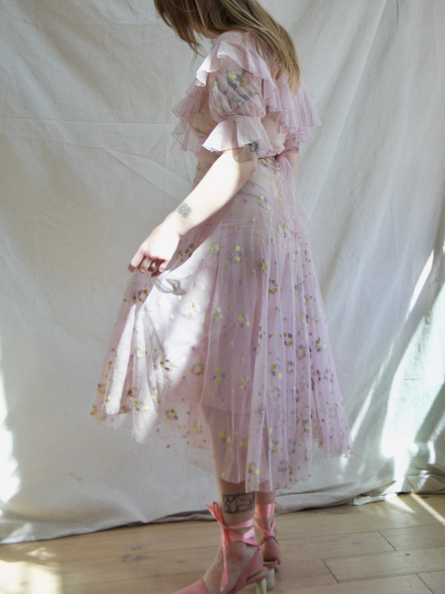 1930s Deco Springtime Embroidered Lavender Tiered Net Dress