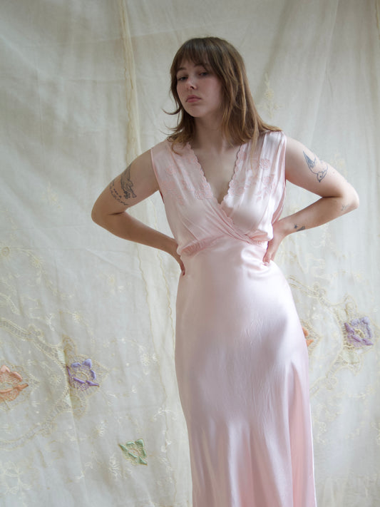 1940s Silk/Rayon Ballet Pink Floral Applique Bias Cut Slip Dress