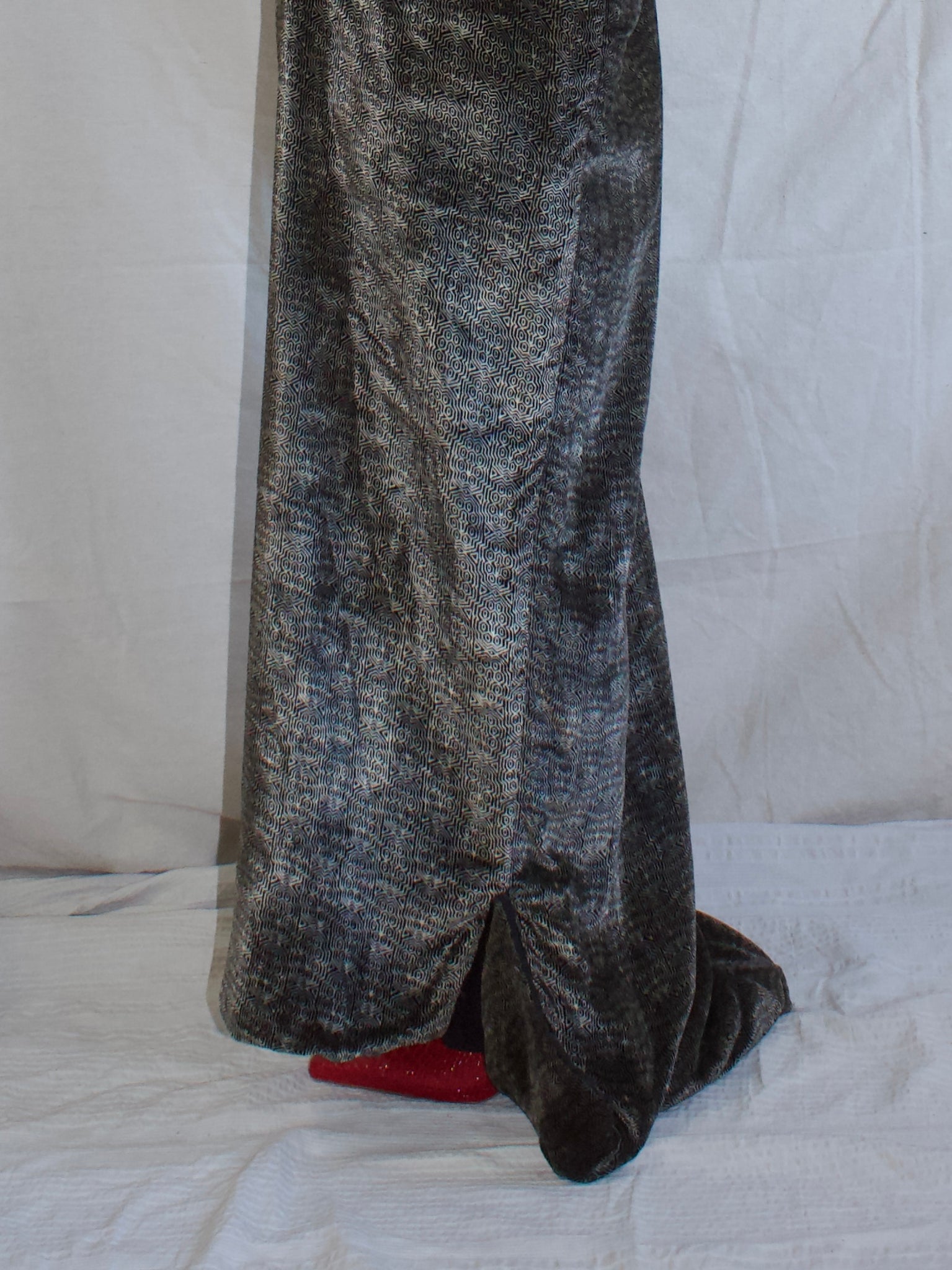 Rare Antique Late 1910s Geometric Printed Silk Velvet Trained Column Gown