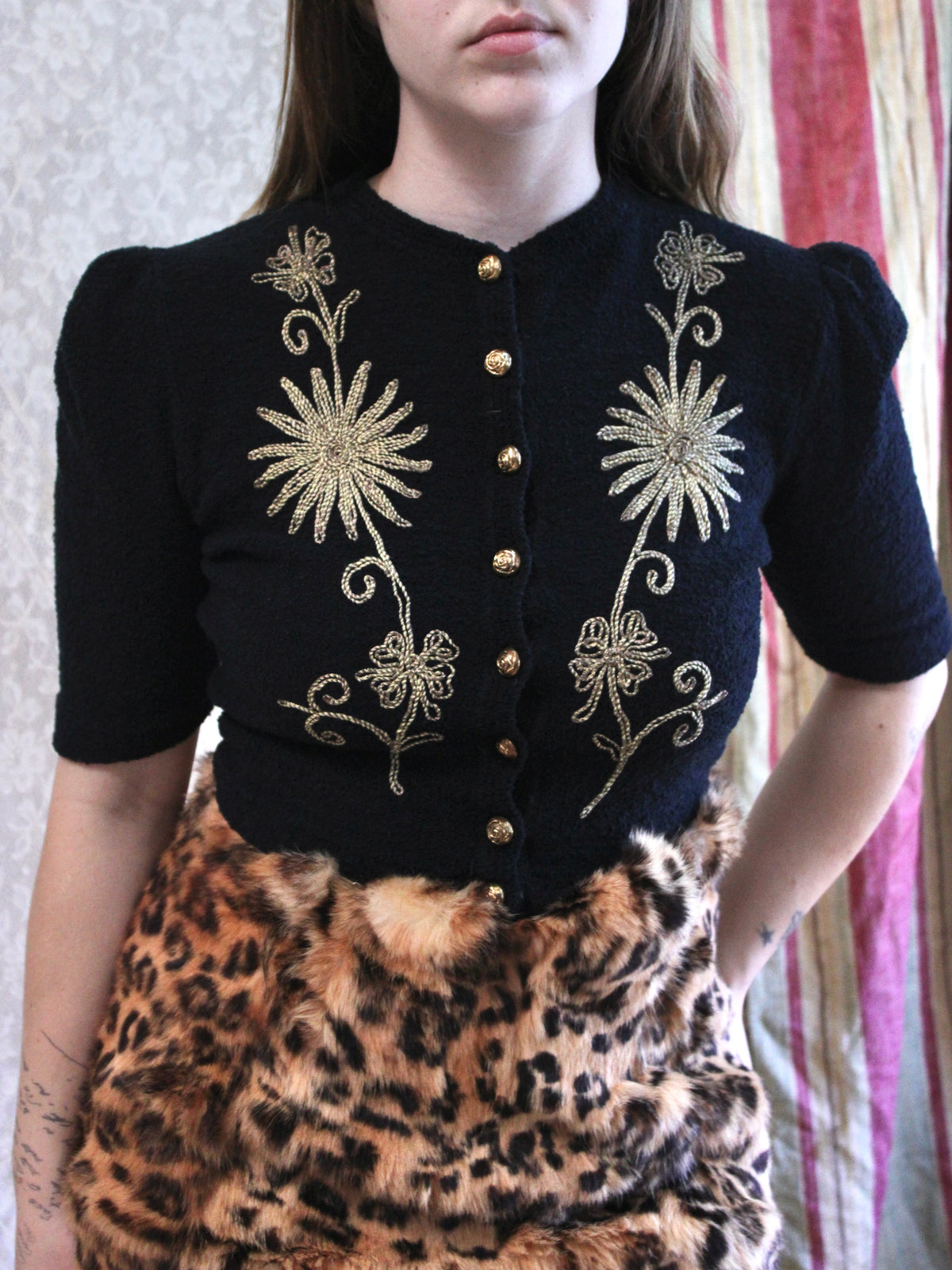 1940s Boucle Peaked Shoulder Lamé Coched Embroidered Knit