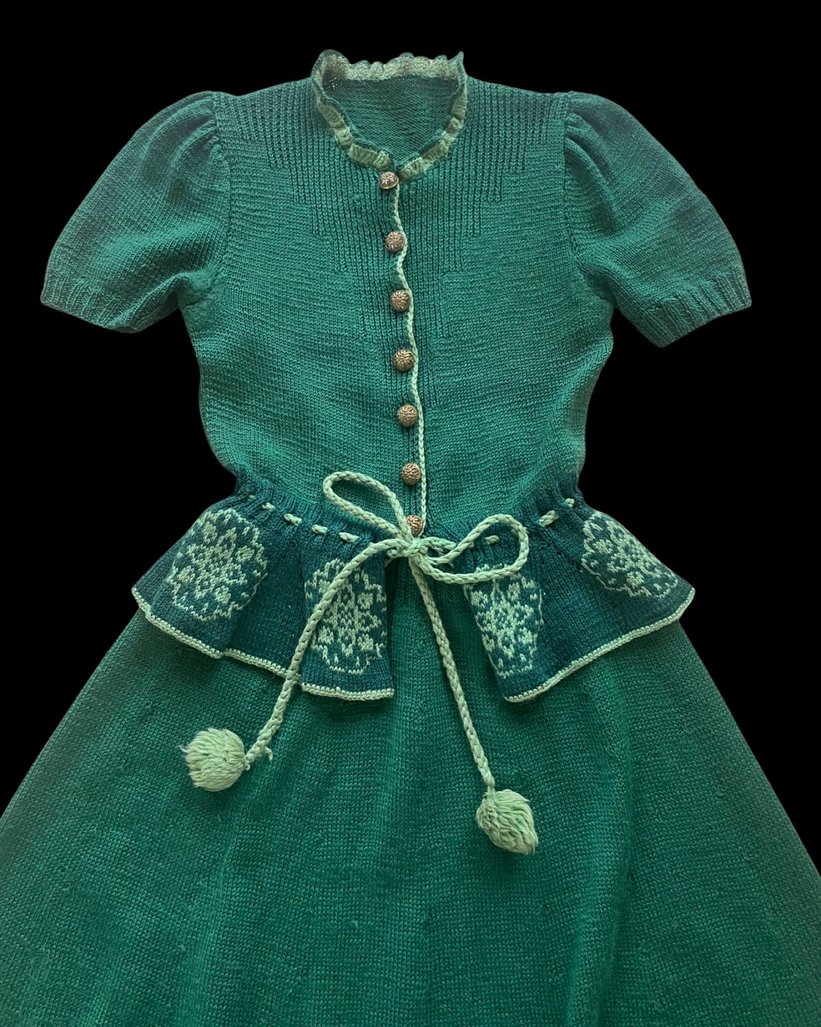 1930s Wool Hand Knit Folk Puff Sleeve Two Piece Set