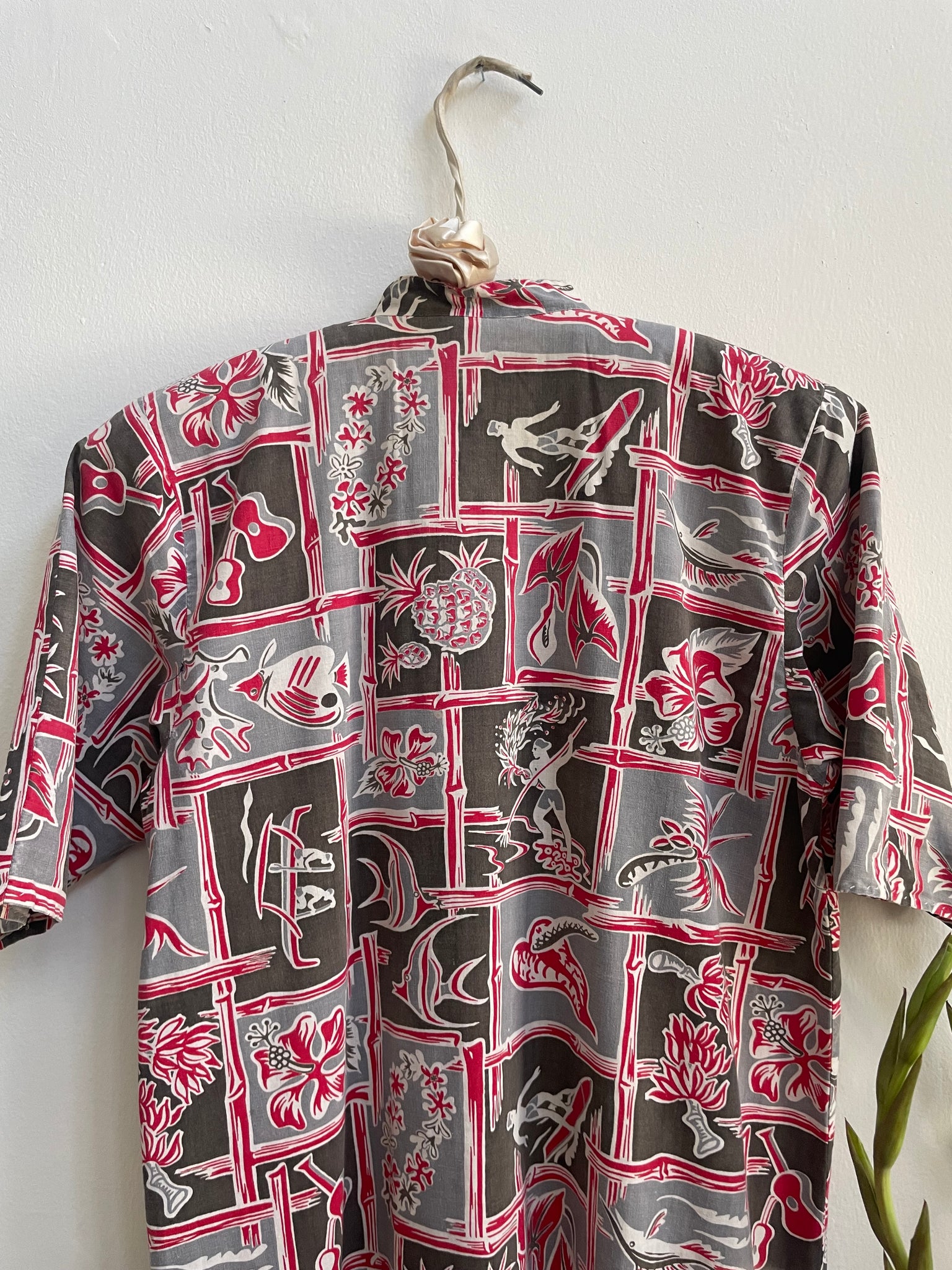 1930s Hawaiian Surf Print Cotton Mandarin Collar Dress