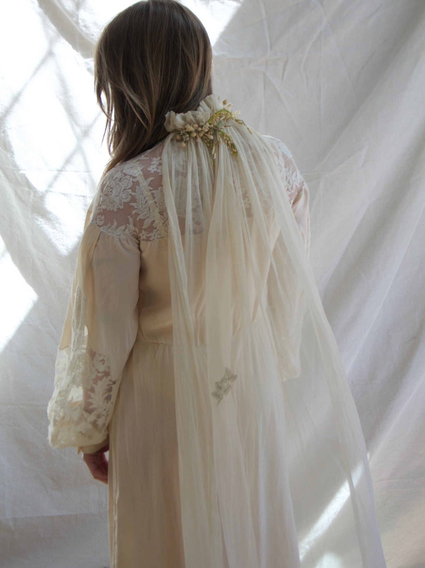 Antique Edwardian Wax Flower Crown Chiffon Applique Bridal Veil