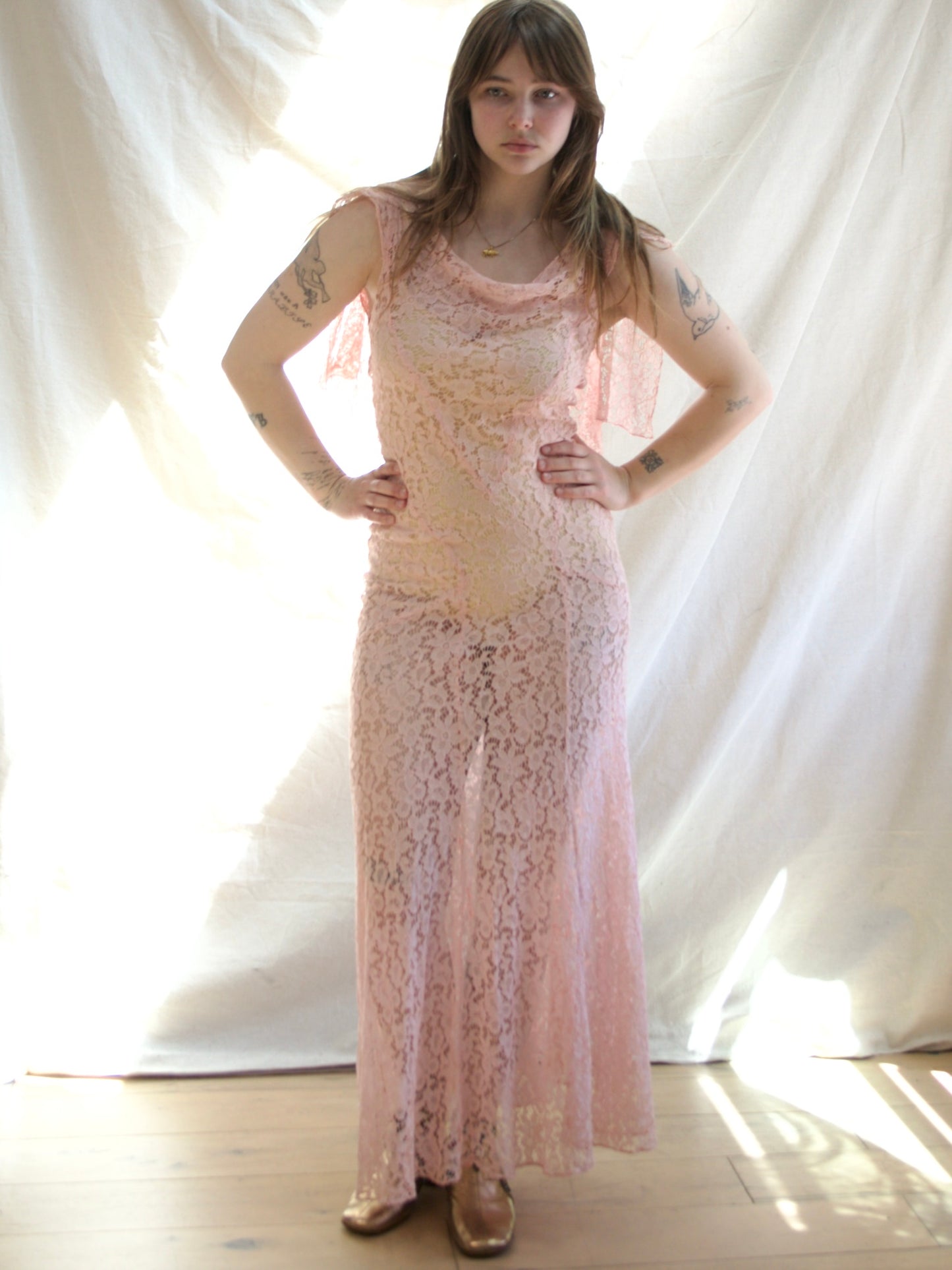 1930s Cowl Neck Bias Pink Lace Low Back Gown