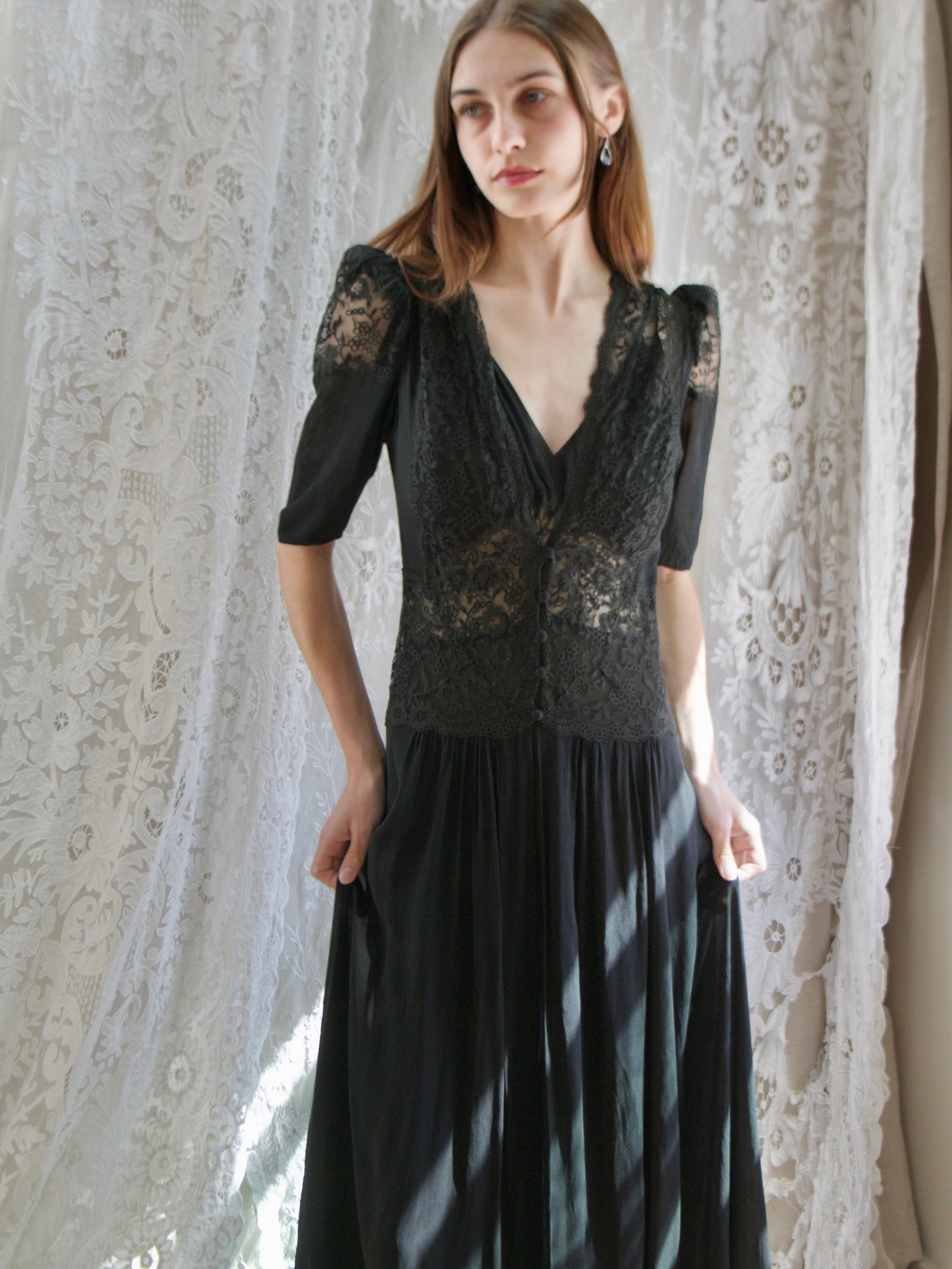 1930s Two Piece Inky Black Silk & Lace Gown/ Peignoir Set