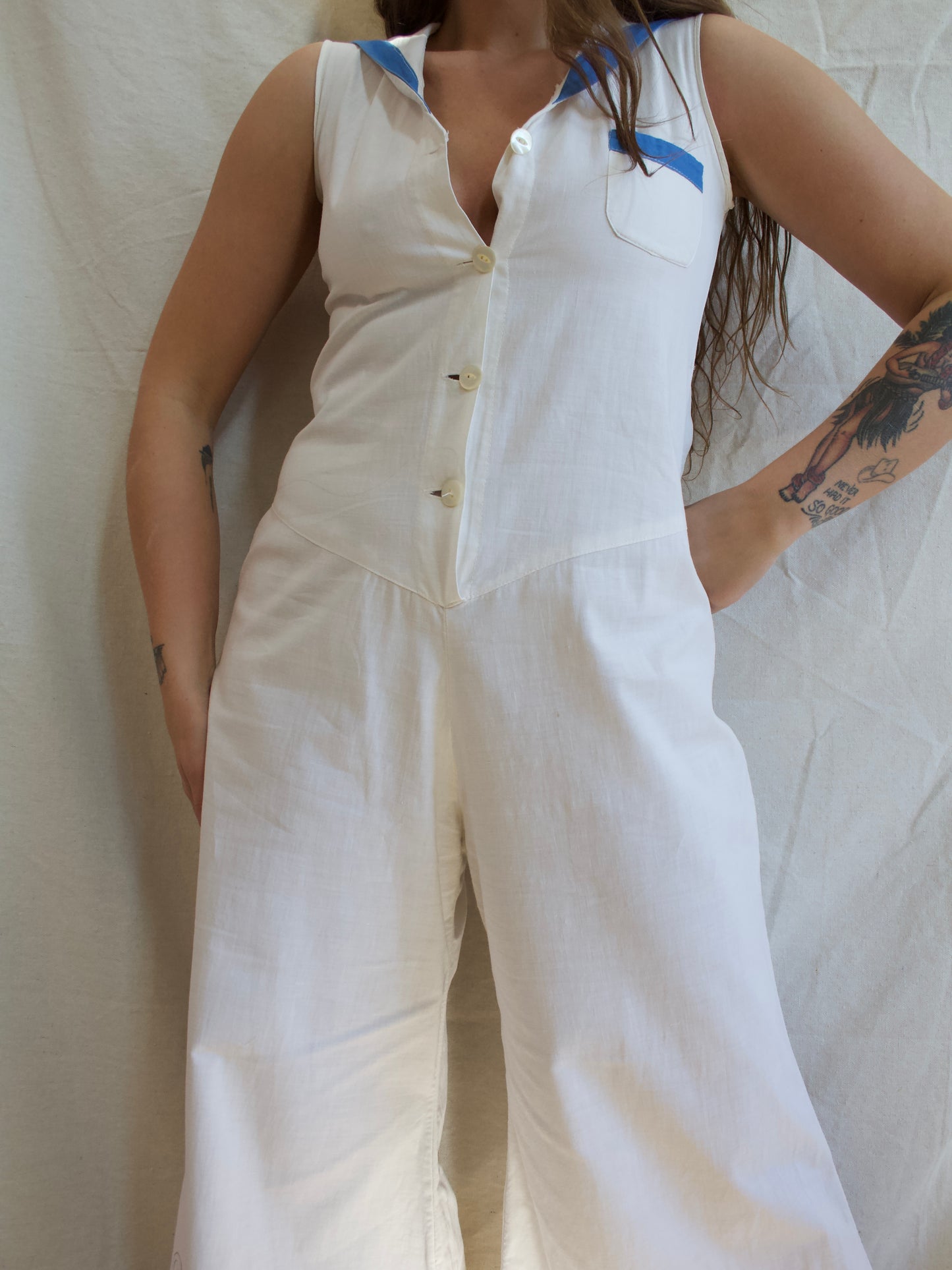 Rare 1930s Linen Hand Drawn Sailor Beach Pajamas