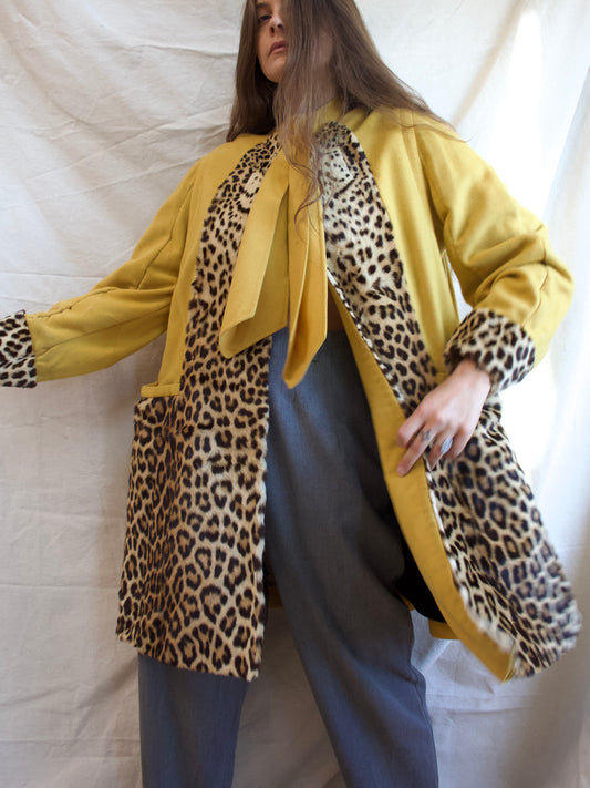 1940s Lemon Yellow Wool & Real Leopard Fur Swing Coat
