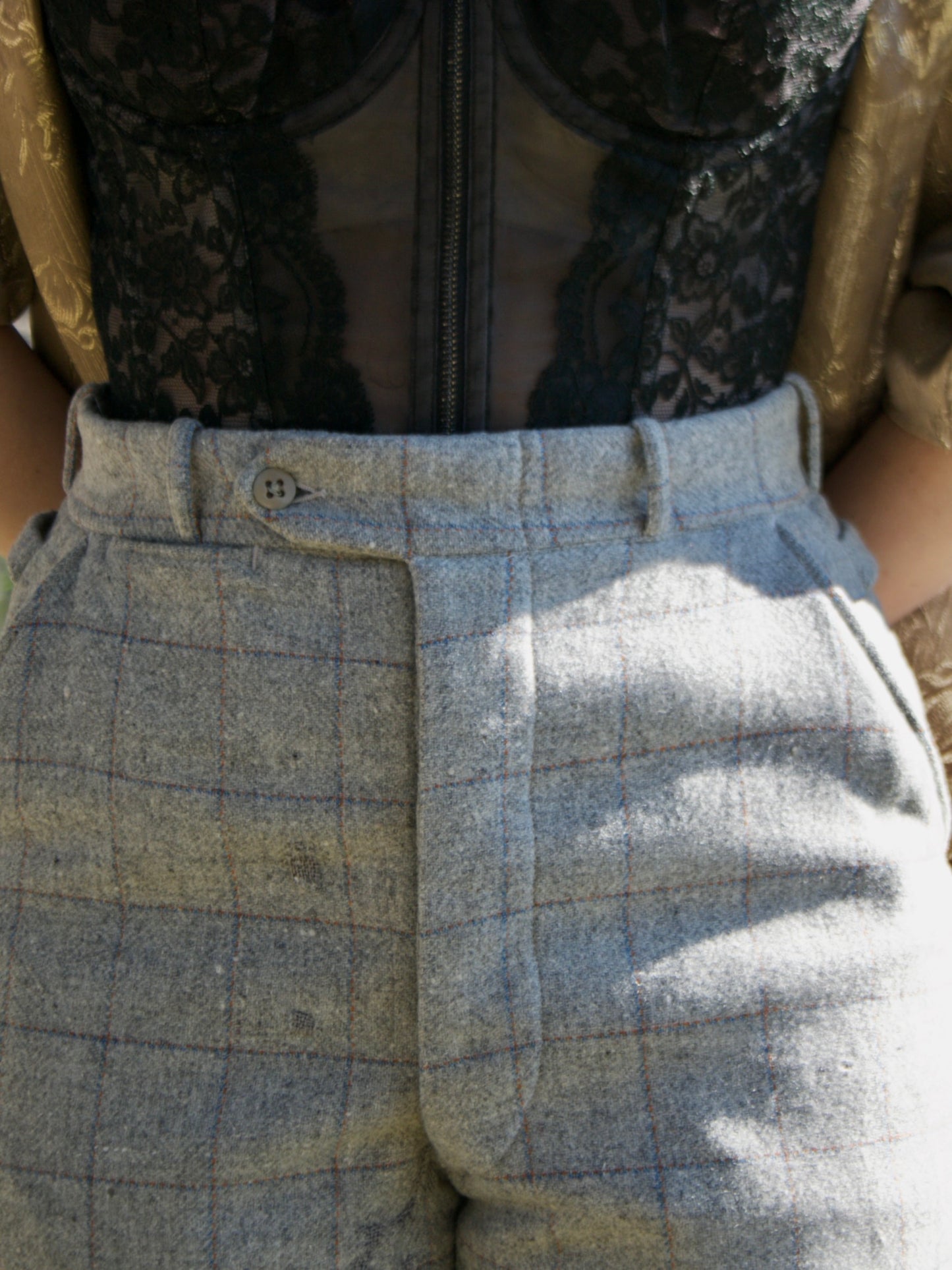 1940s 'Rough Rider' Windowpane Plaid Slate Grey Wool Side Buckle Trousers