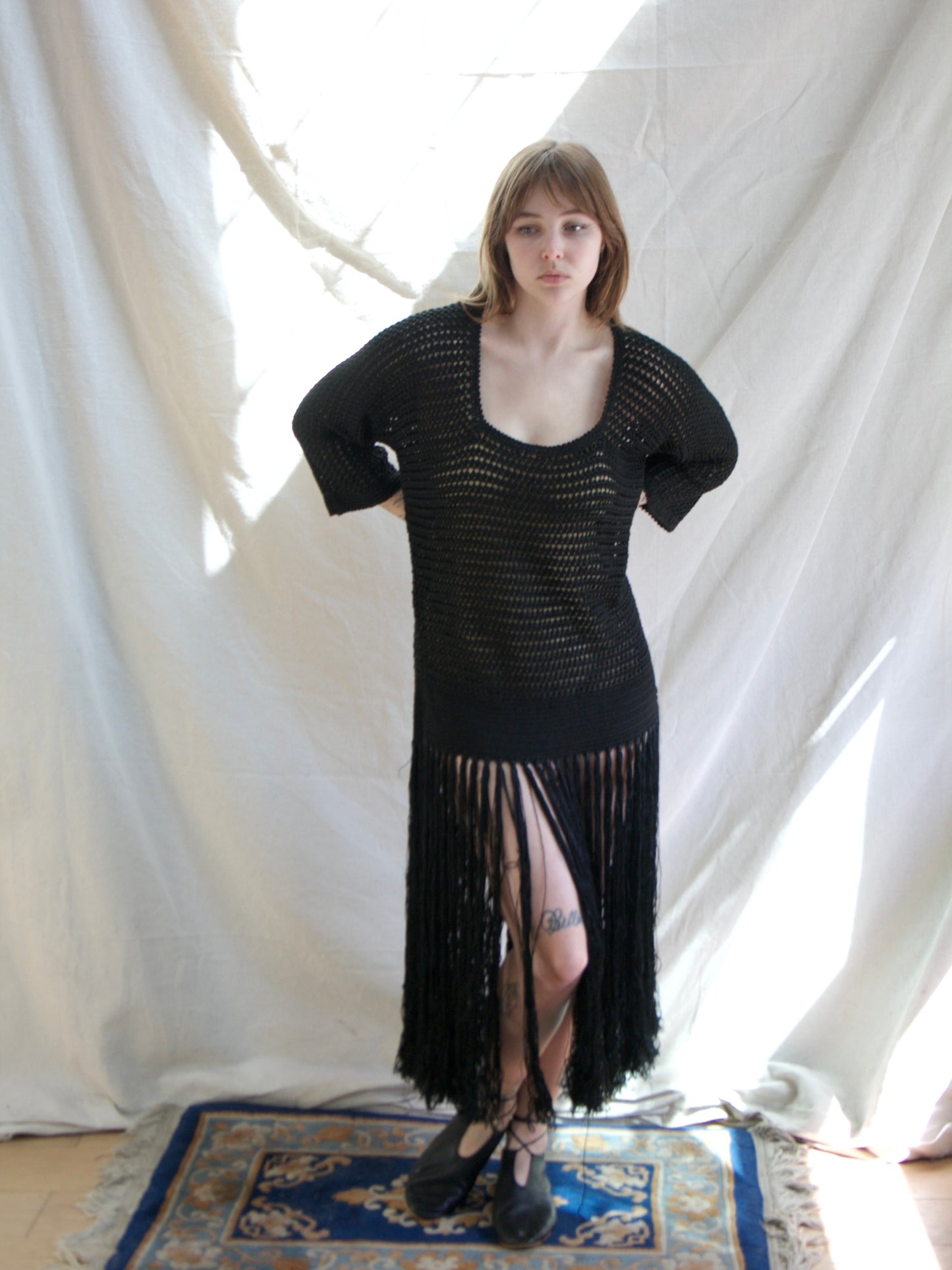 Antique 1920s Inky Black Rayon Knit Fringe Tunic Dress